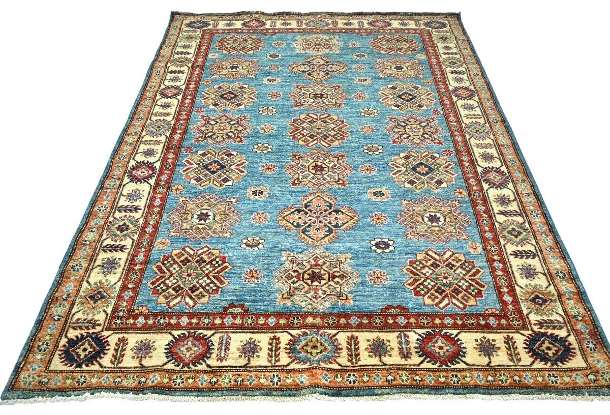 Tribal Geometric Kazak Area Rug Blue Farmho Boho