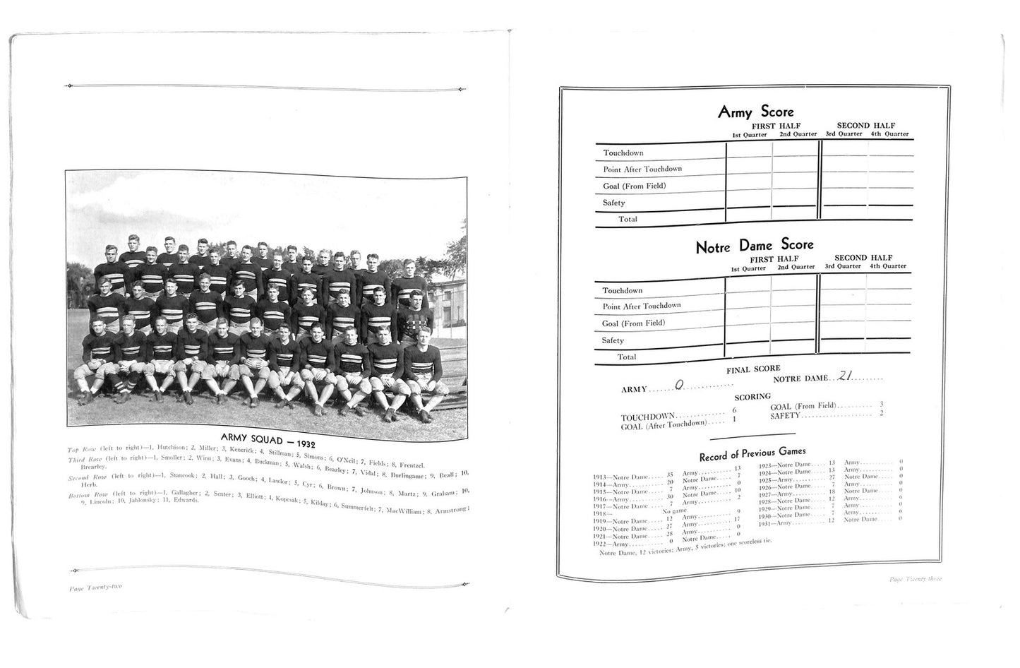 11/26/1932 Army Vs. Notre Dame College Program
