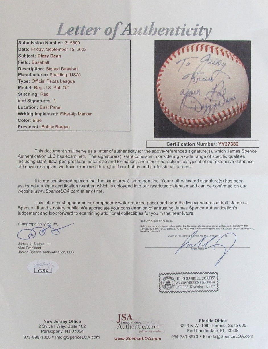 Dizzy Dean Hof Autographed Spalding Baseball Texas League Jsa Full Loa 187636