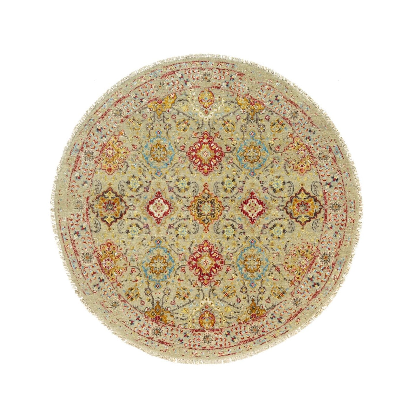 6'X6' Camel Wool And Silk Sunset Rosettes Hand Knotted Round Oriental Rug