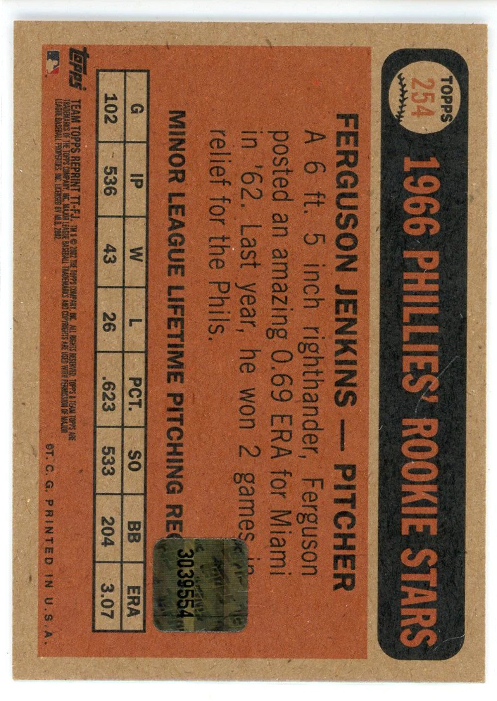 #254 Fergie Jenkins Autographed 2002 Topps Archive Team Topps Legends Card