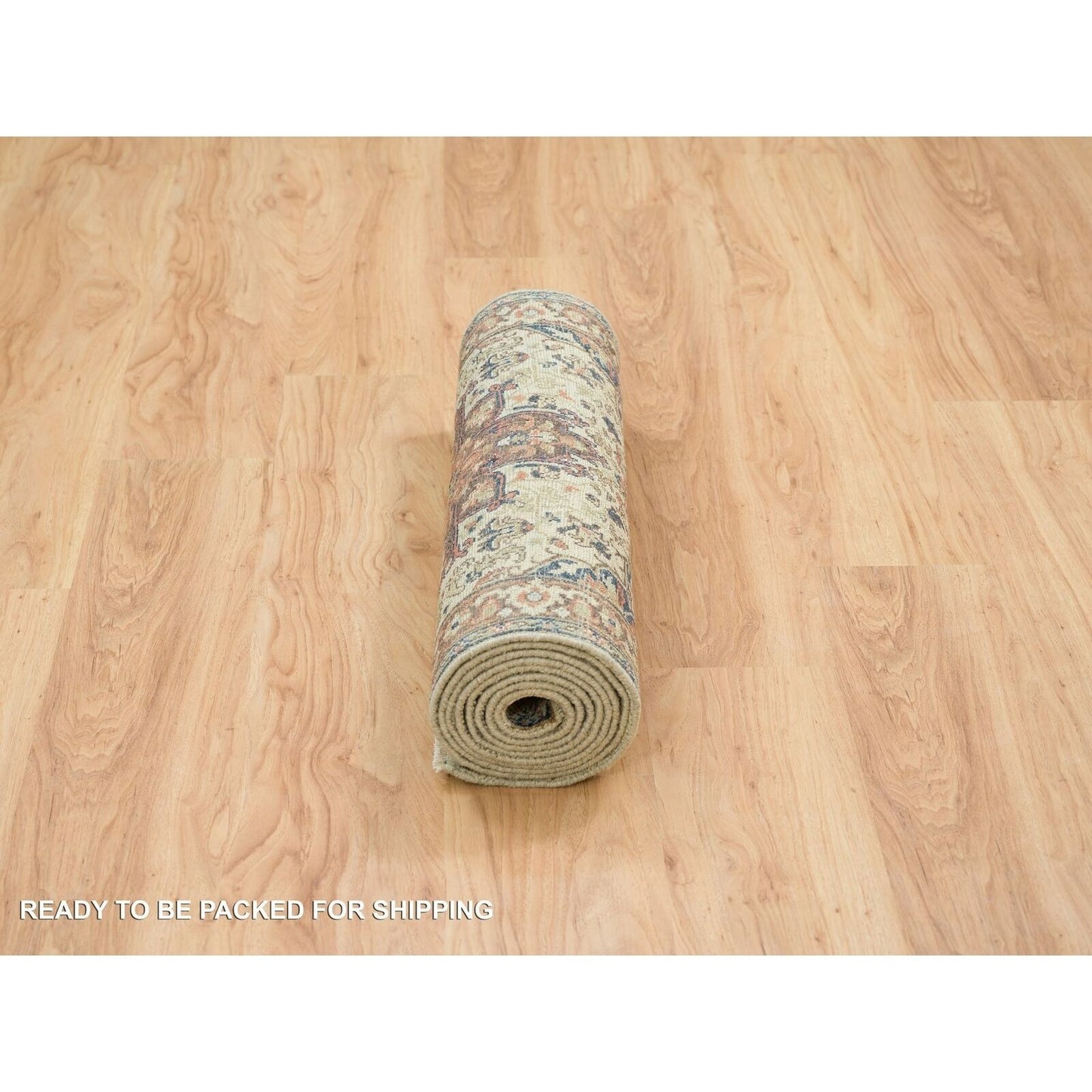 2'7"X10'3" Beige Antiqued Heriz Re-Creation Wool Hand Knotted Runner Rug