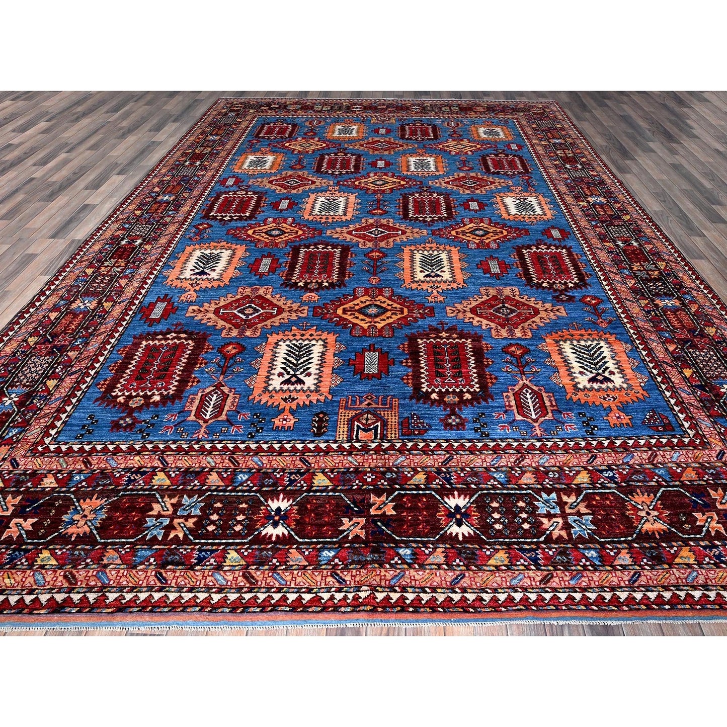 10'1"X13'4" Blue Afghan Caucasian Design Revival Hand Knotted Soft Wool Rug