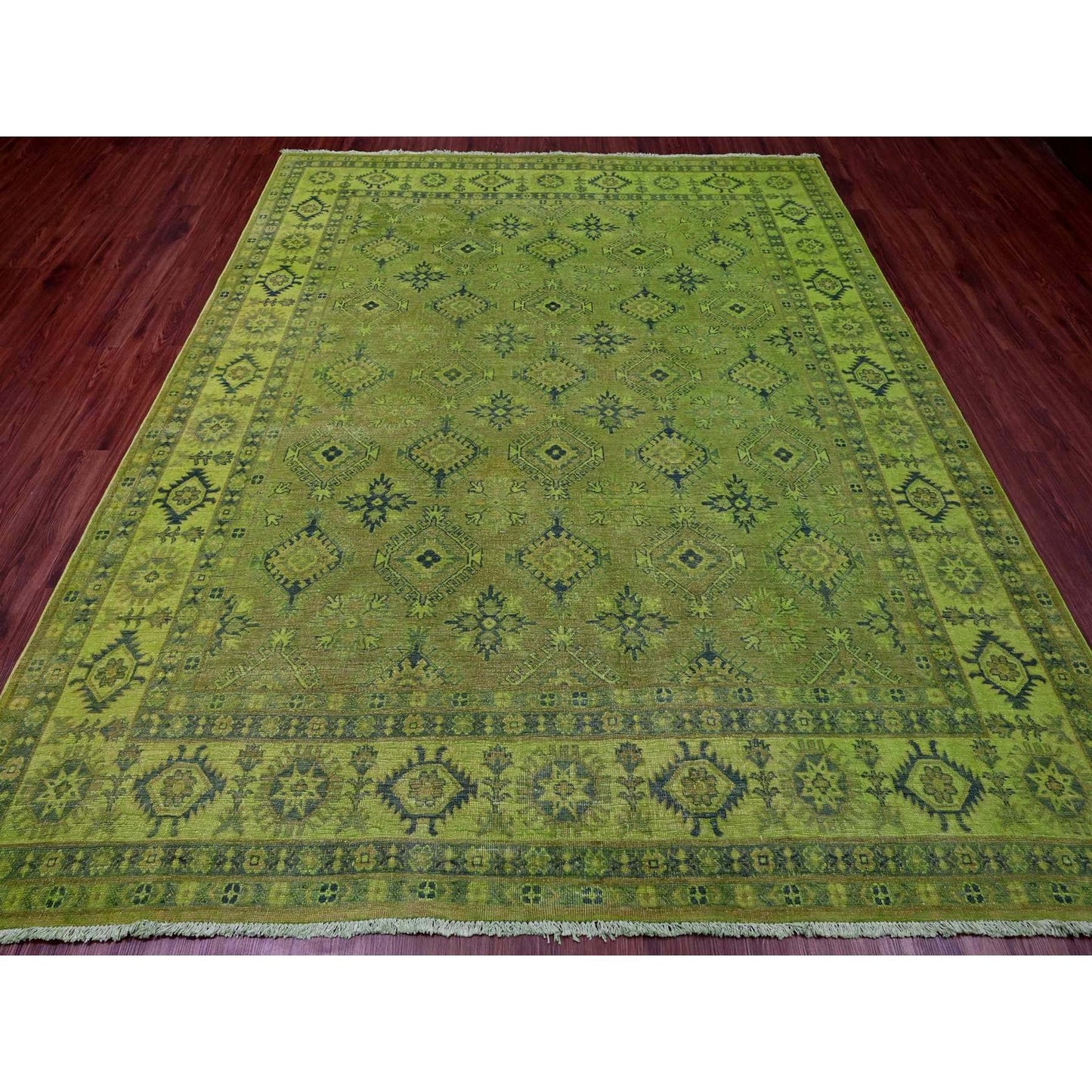 8'X9'8" Pear Green Overdyed Kazak Geometric Design Hand Knotted Wool Rug