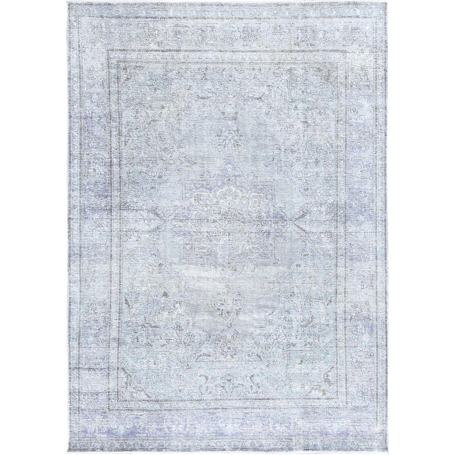 6'9"X9'10" Blue Gray Hand Knotted Vintage Zoroastrian Tebraz Wool Rug