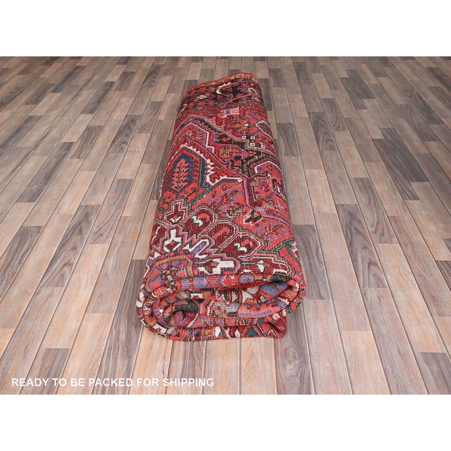 10'1"X13'2" Red Semi Antique Zoroastrian Heris Worn Wool Hand Knotted Rug