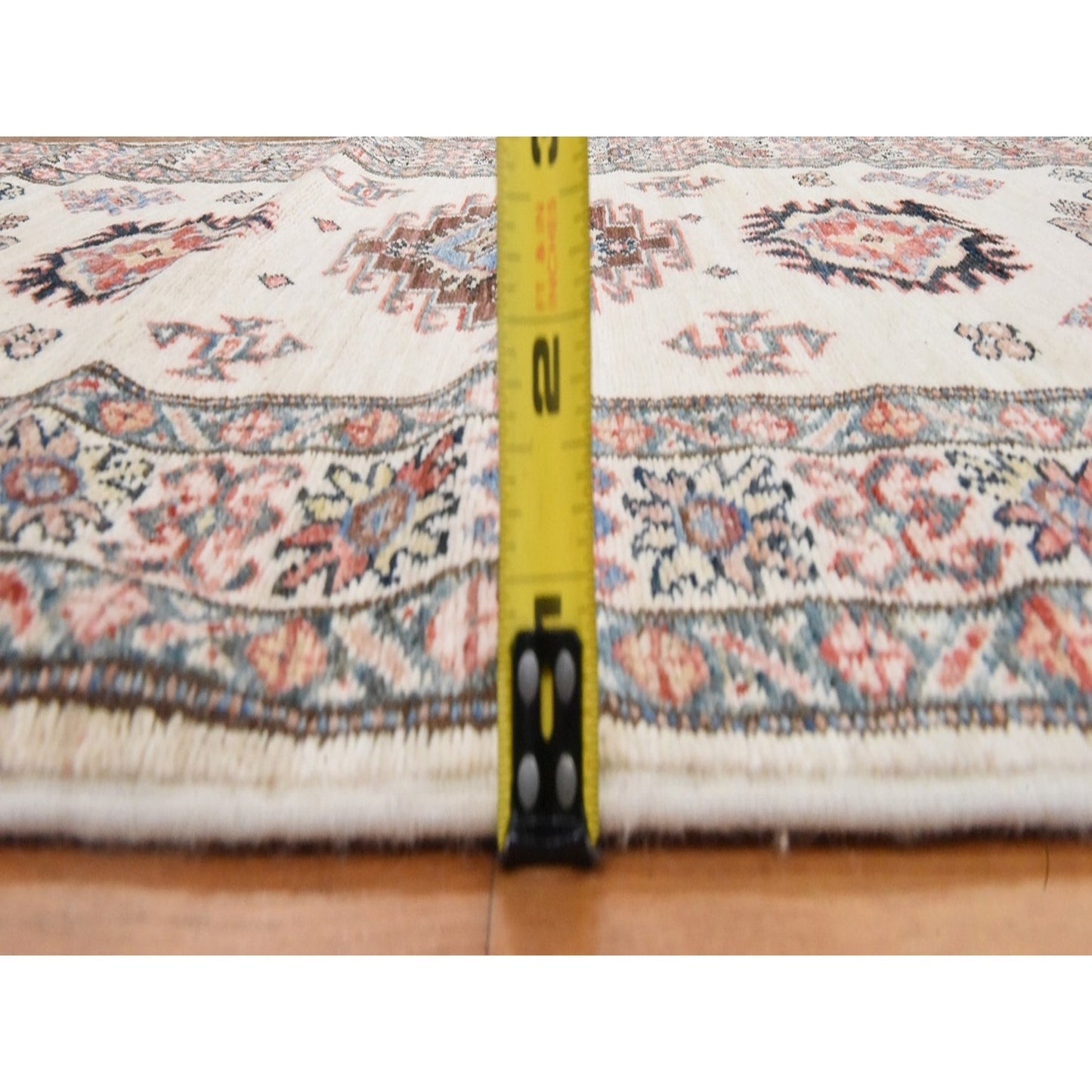 2'9"X8'3" Ivory Super Kazak Geometric Design Hand Knotted Wool Runner Rug