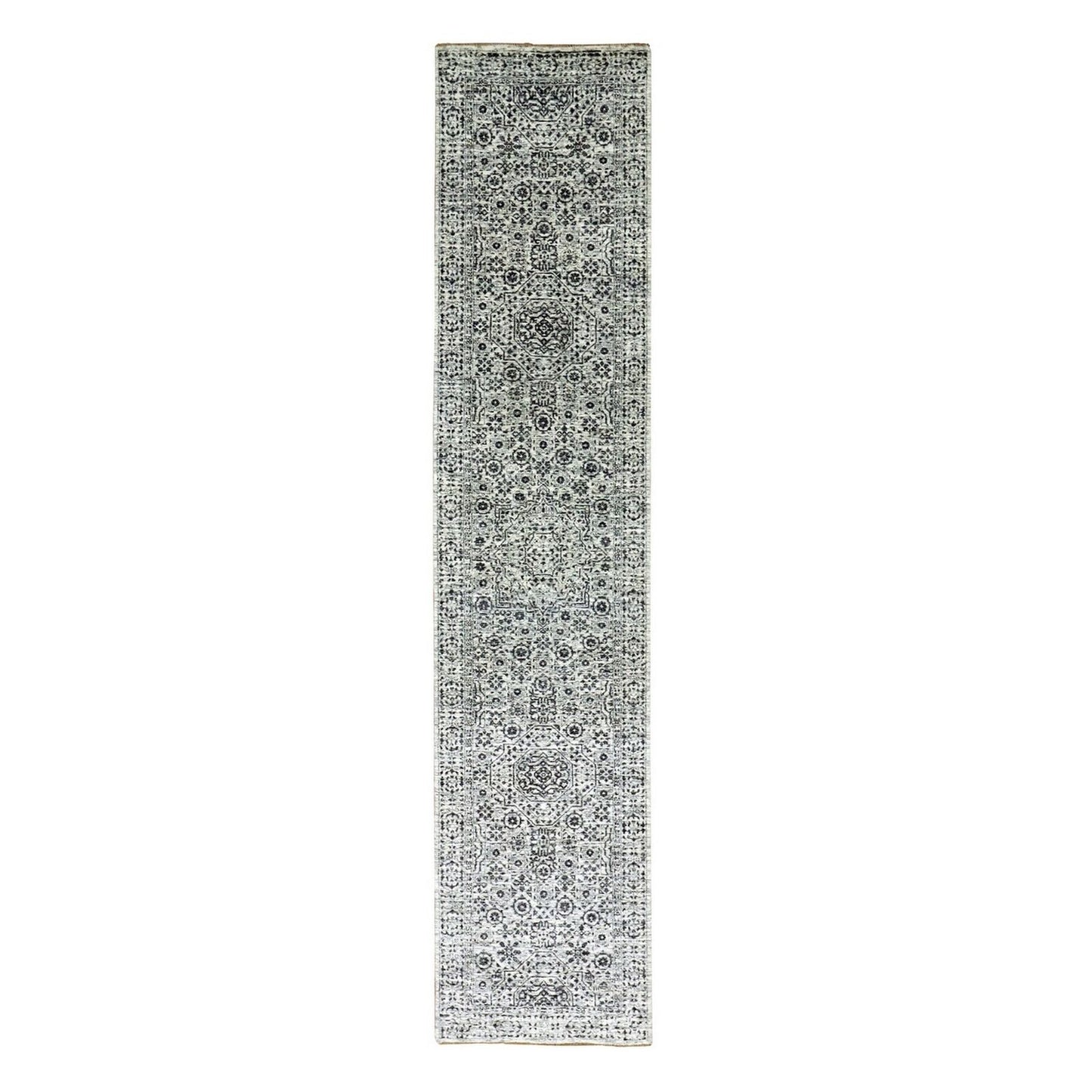 2'7"X12' White Mamluk Dynasty Design Undyed Wool Hand Knotted Runner Rug