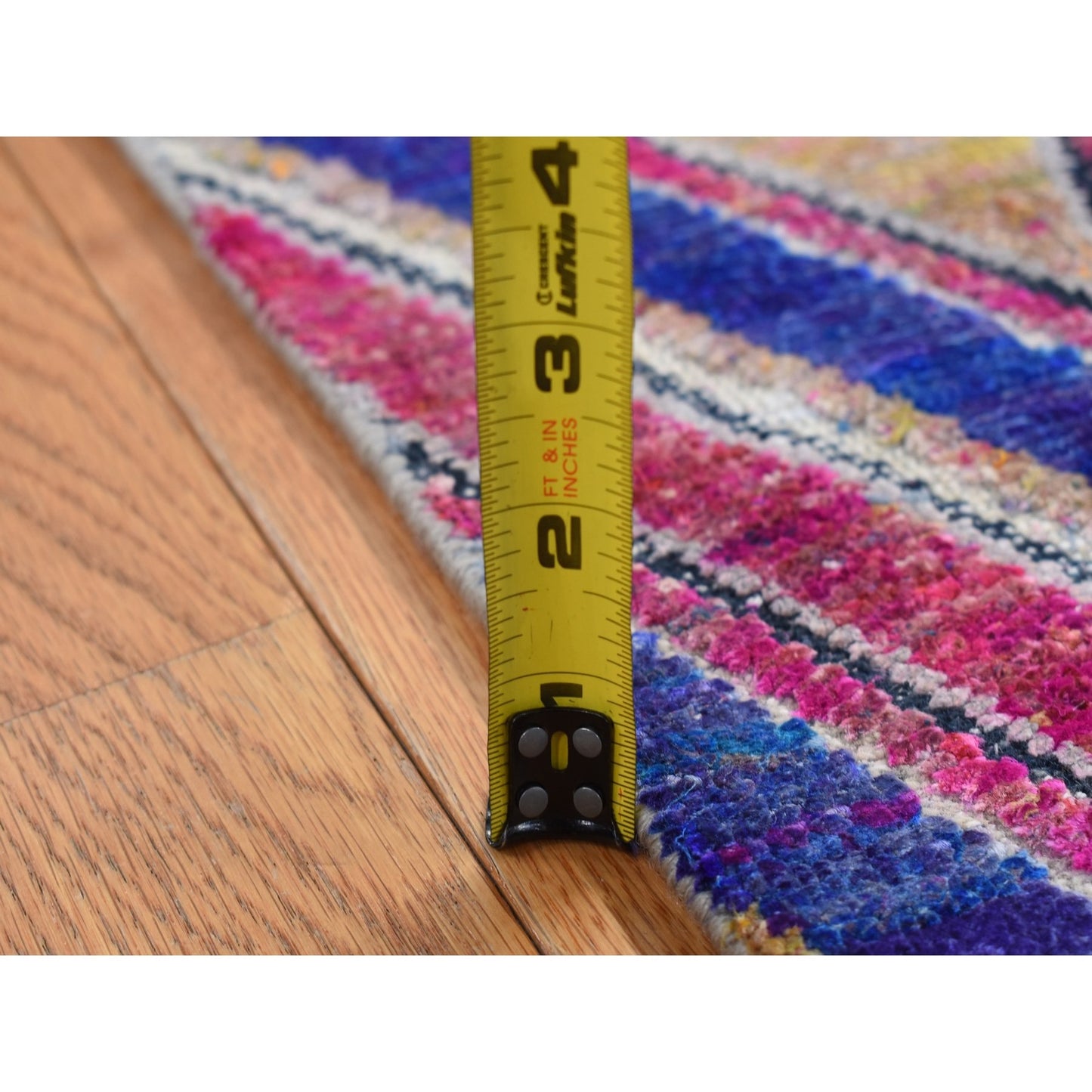 4'X6'2" Hot Pink Hand Knotted Chevron Design Silk With Wool Rug