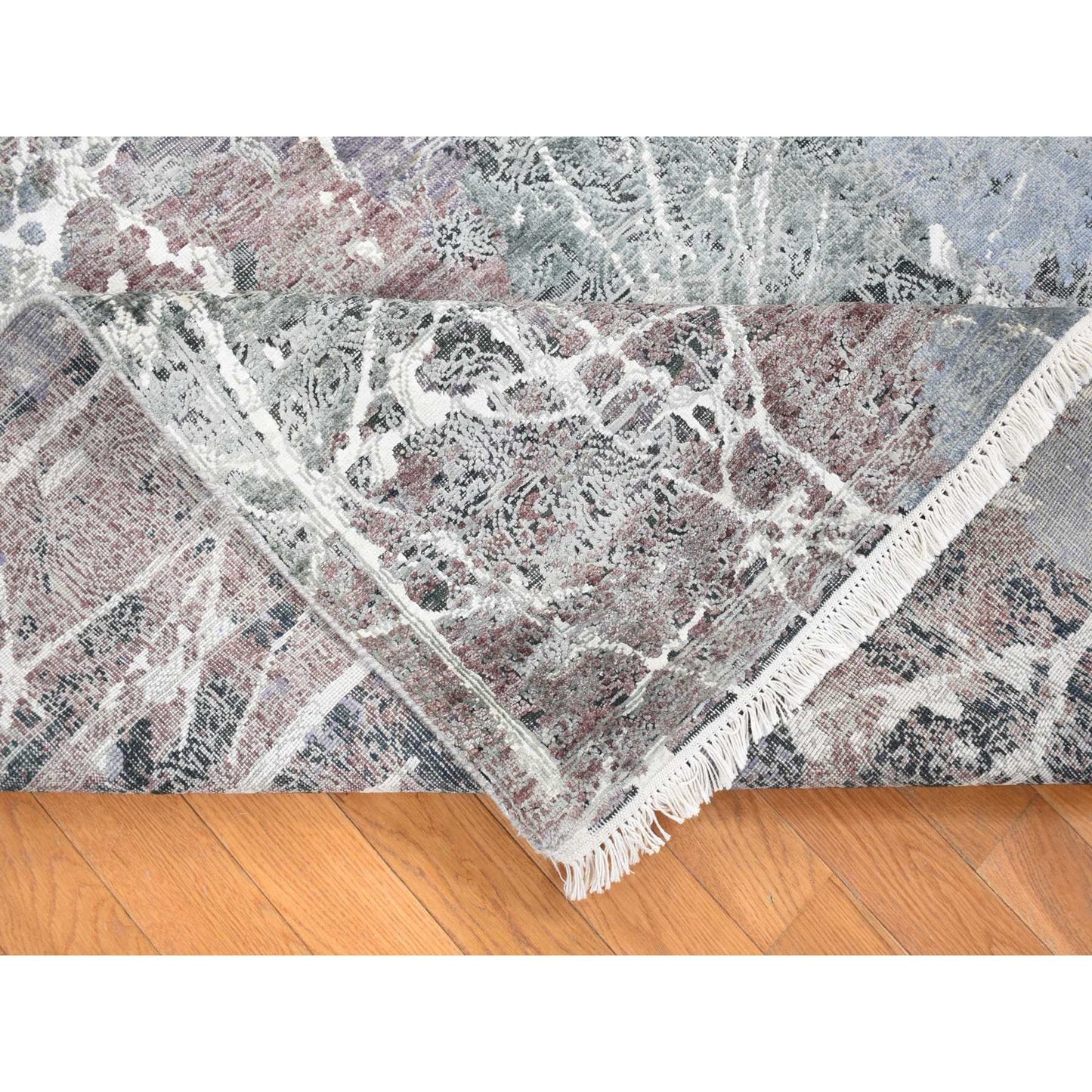 7'7"X10'1" Gray Hand Knotted Broken Zoroastrian Design Silk With Wool Rug