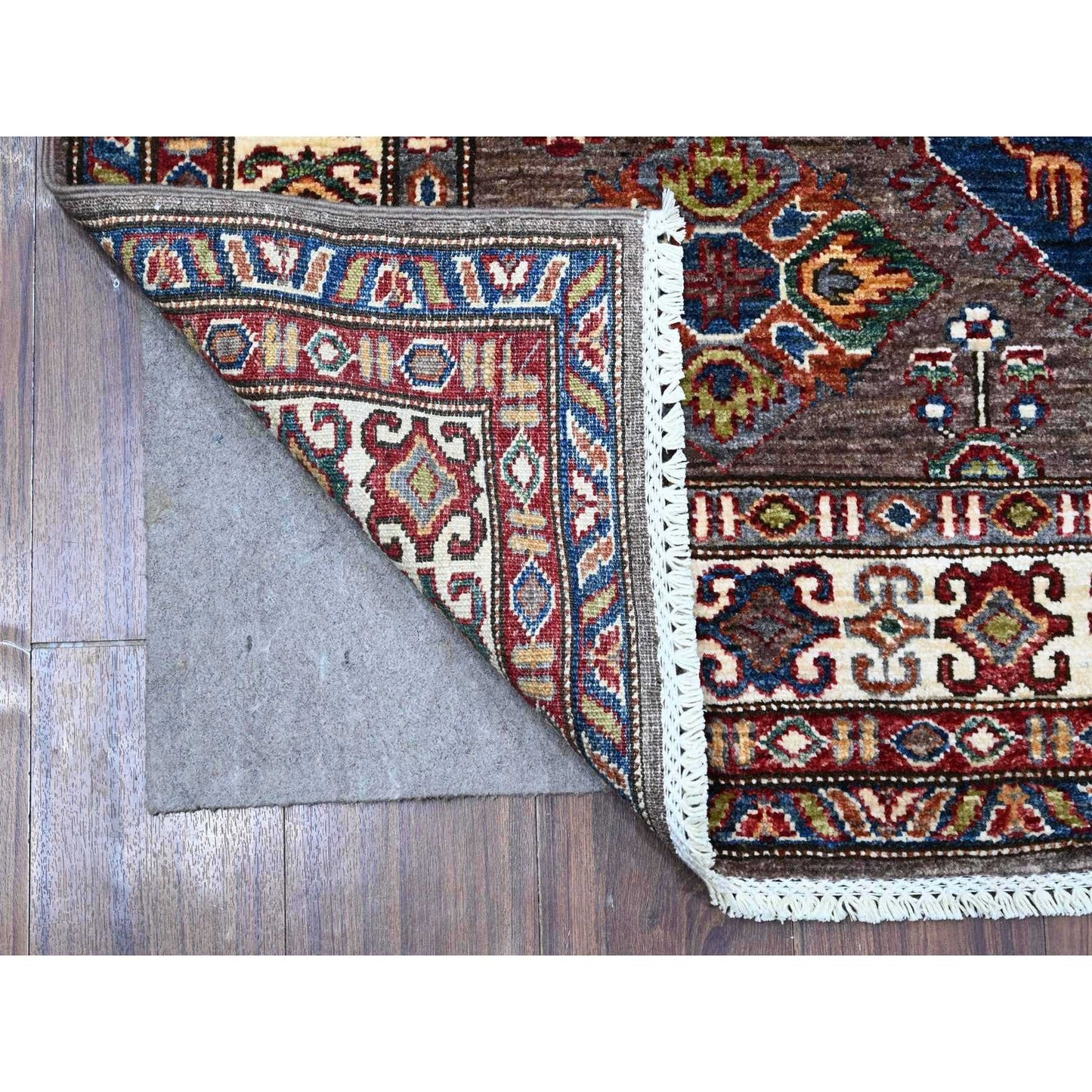 5'1"X6'9" Gray Super Kazak Large Elements Wool Hand Knotted Runner Rug