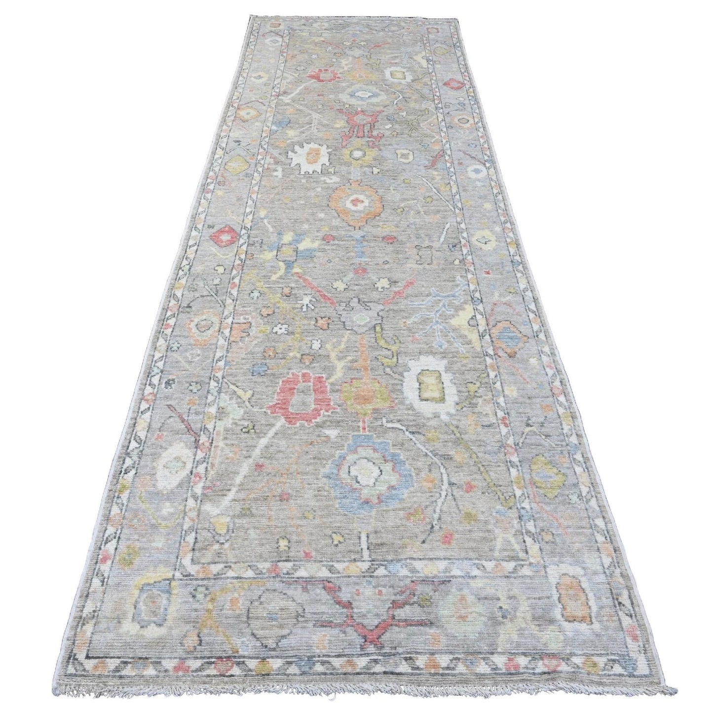3'10"X12'1" Gray Hand Knotted Angora Oushak Leaf Design Wool Runner Rug