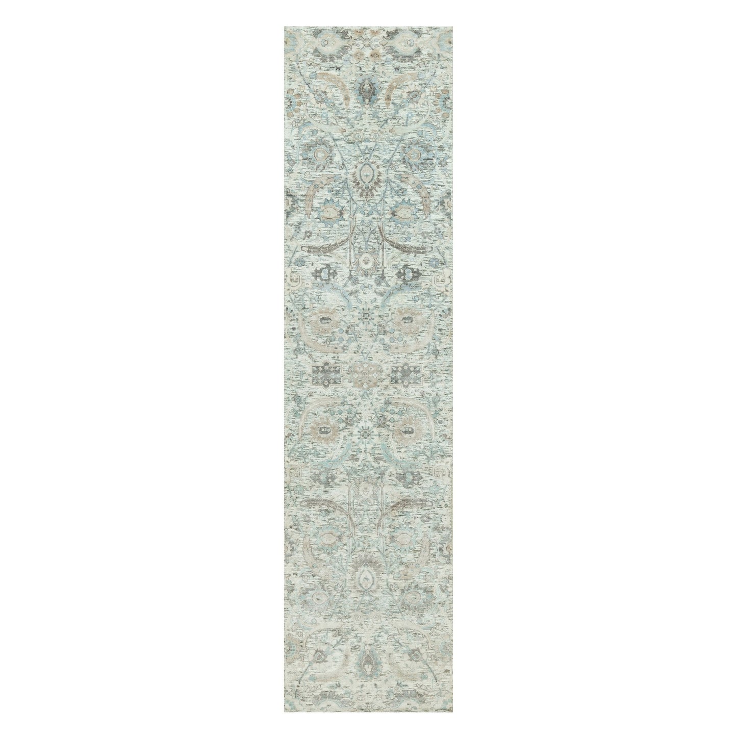 2'5"X10' Pristine White Hand Knotted Silk And Wool Sickle Leaf Runner Rug