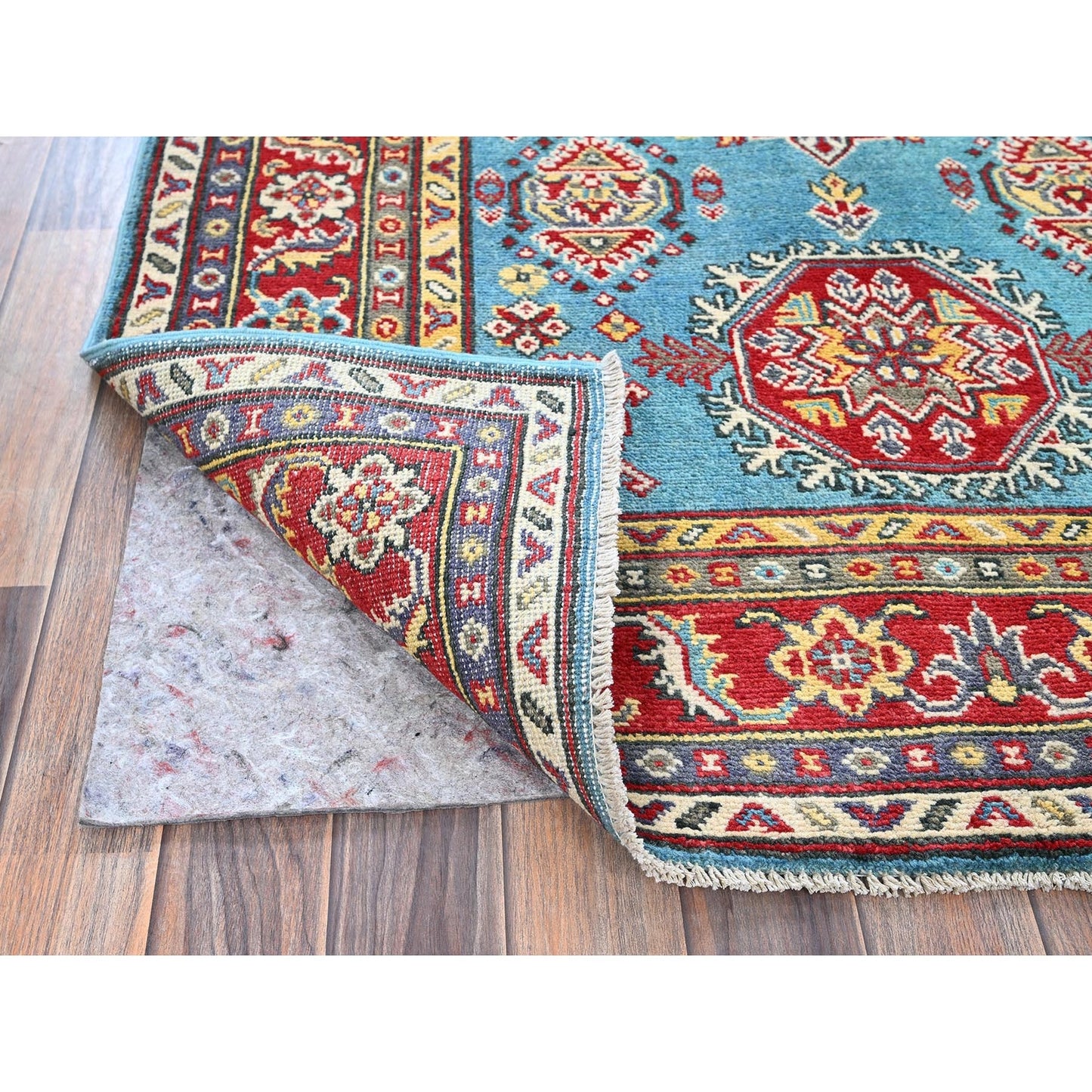 4'1"X5'10" Blue Kazak Geometric Medallions Design Hand Knotted All Wool Rug