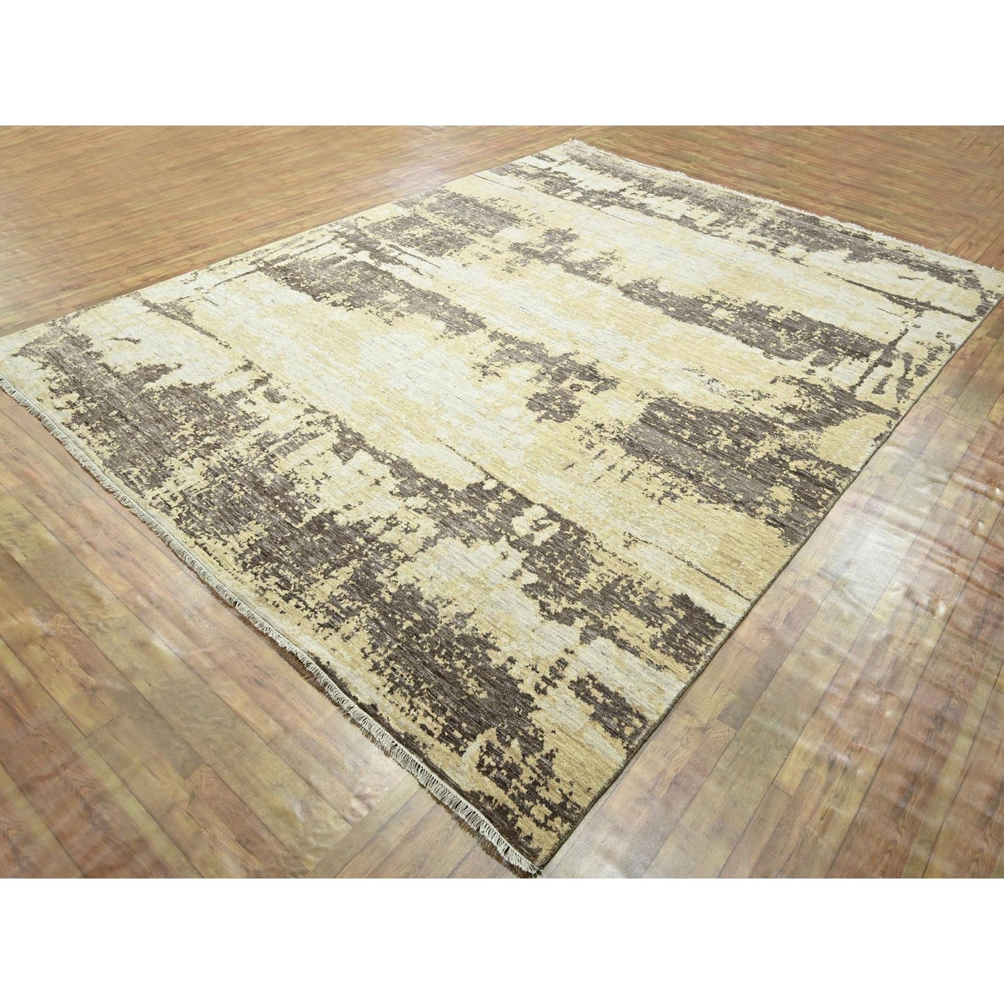 9'X12' Ivory & Brown Modern Abstract Design Hand Knotted Wool & Silk Rug
