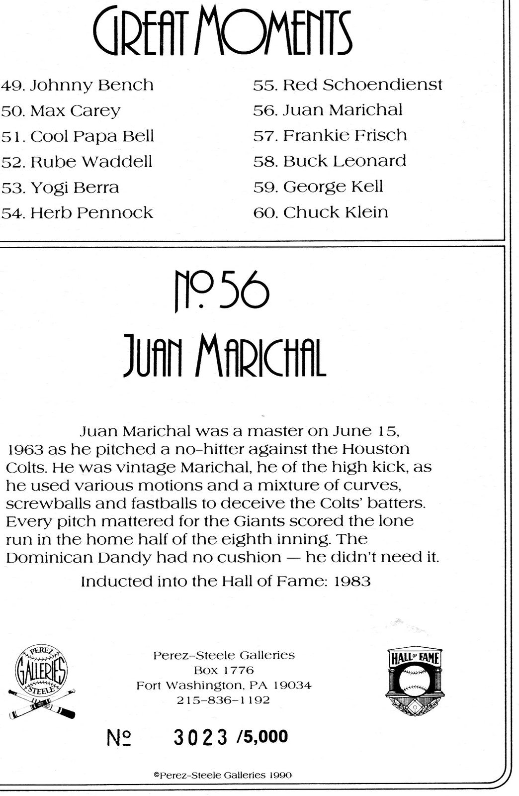 Juan Marichal Autographed Perez Steele Great