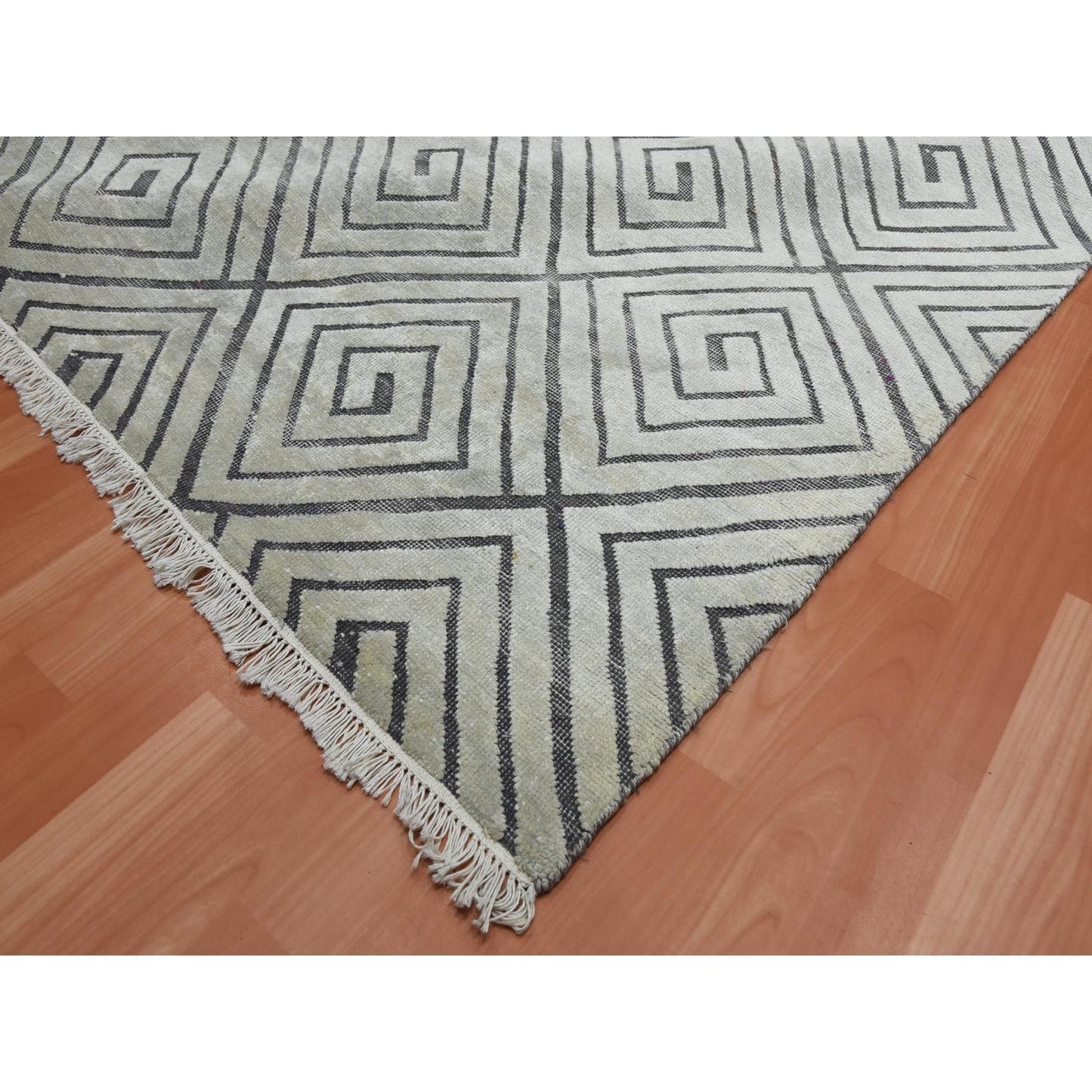 9'X12'1" Ivory Modern Roman Key Design Silk With Wool Hand Knotted Rug