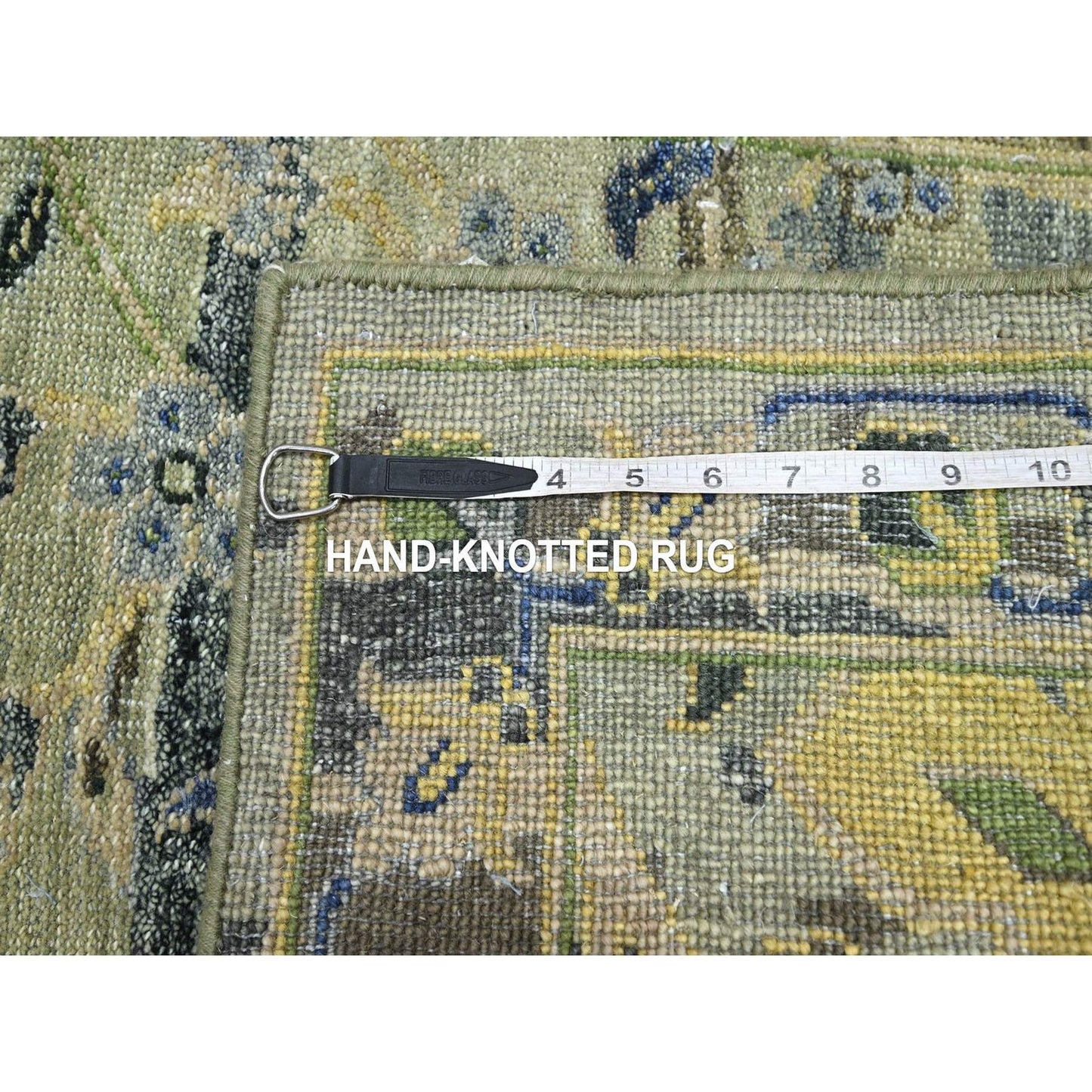 2'7"X10'6" Green Erased Birds Design Hand Knotted Pure Wool Runner Rug