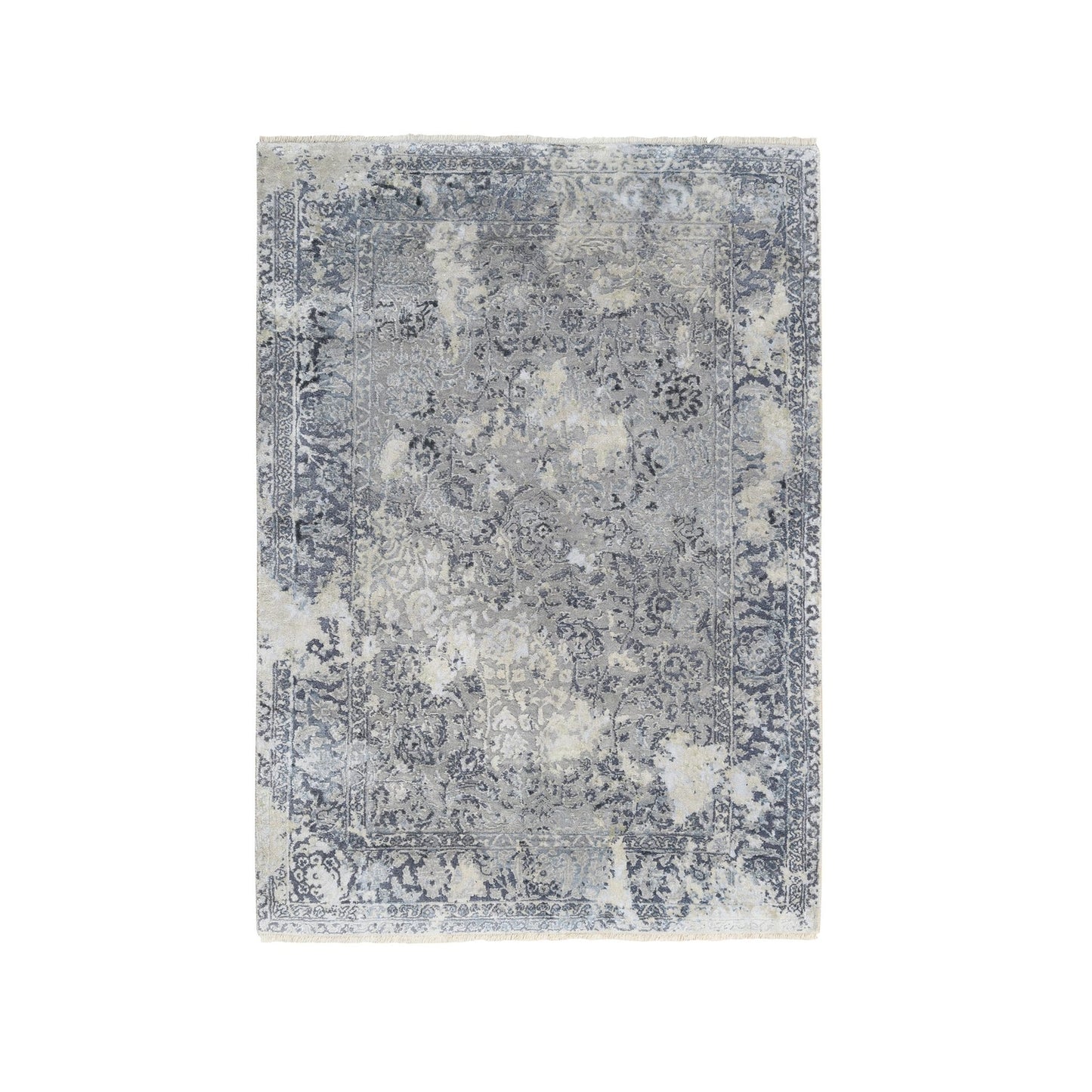 3'10"X6' Gray Broken Kishoon Design Wool With Pure Silk Hand Knotted Rug