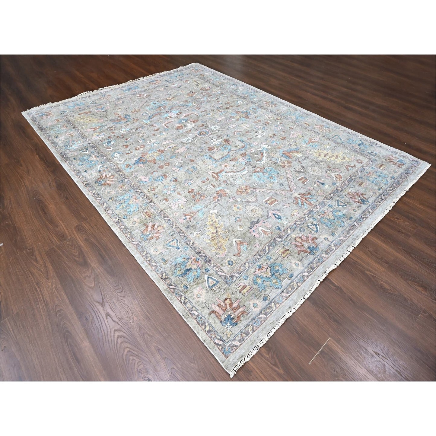 8'6"X11'3" Light Brown Antiqued Tebraz Design Pure Wool Hand Knotted Rug