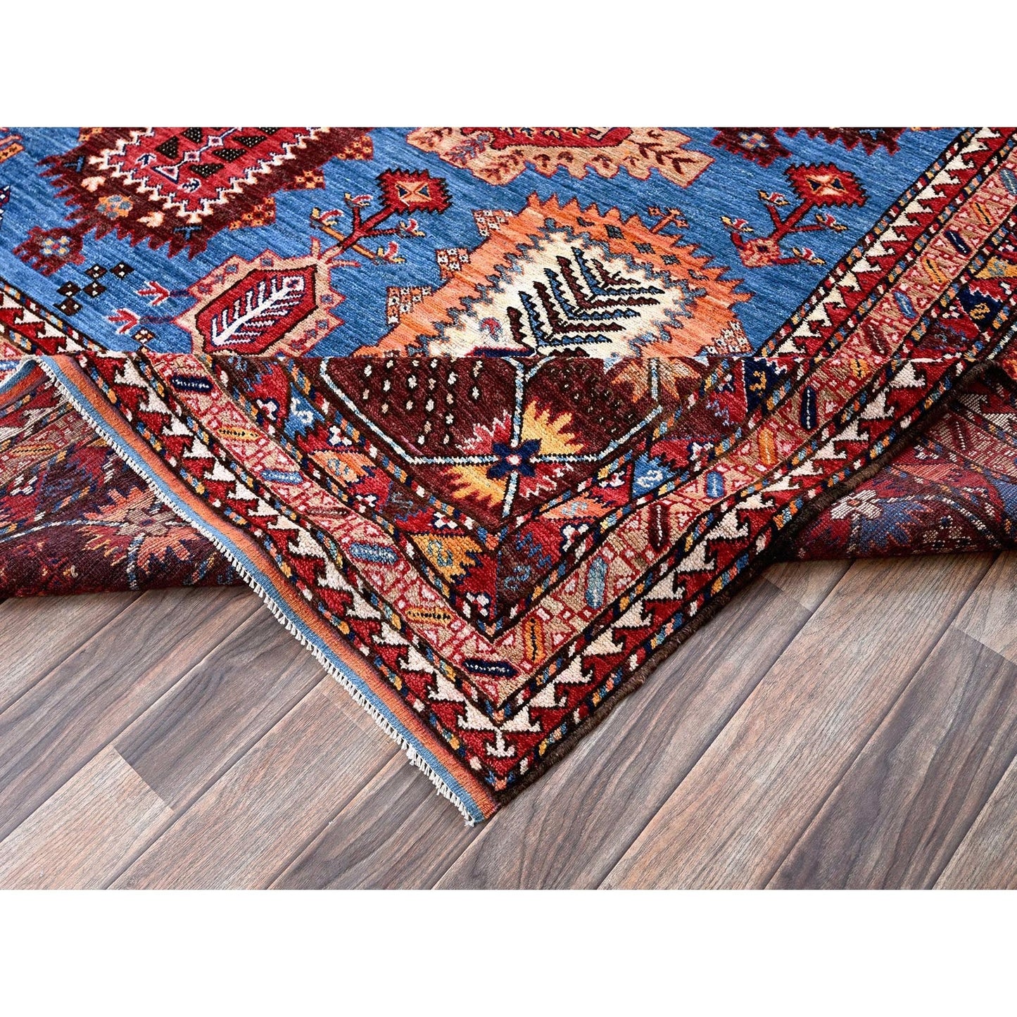 10'1"X13'4" Blue Afghan Caucasian Design Revival Hand Knotted Soft Wool Rug