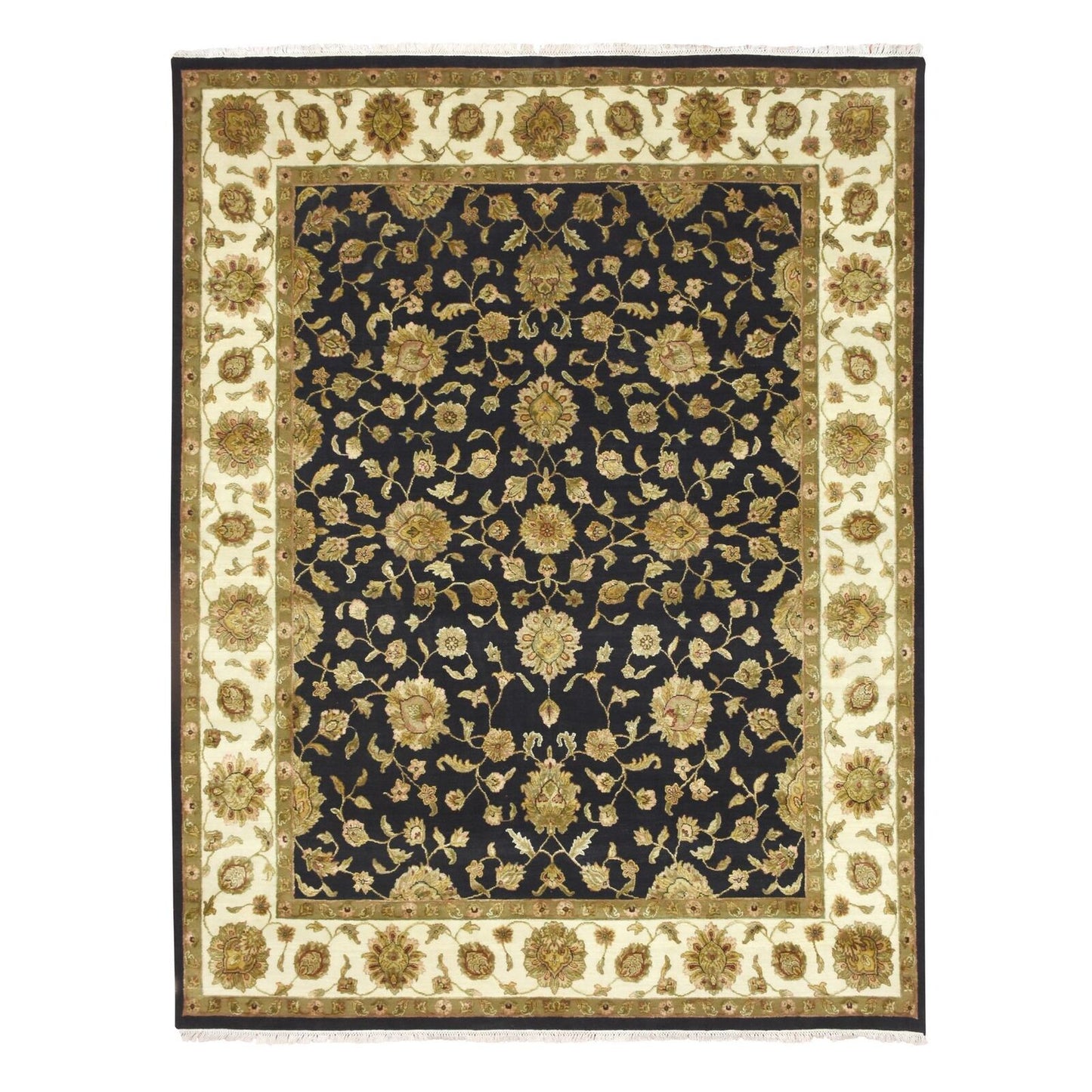 7'9"X10' Black Wool And Silk Hand Knotted Rajasthan All Over Design Rug