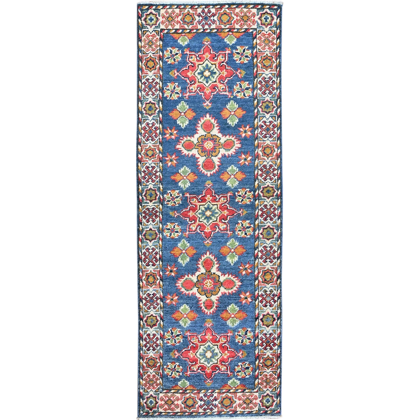 2'X5'9" Blue Kazak With Tribal Design Hand Knotted Soft Wool Runner Rug