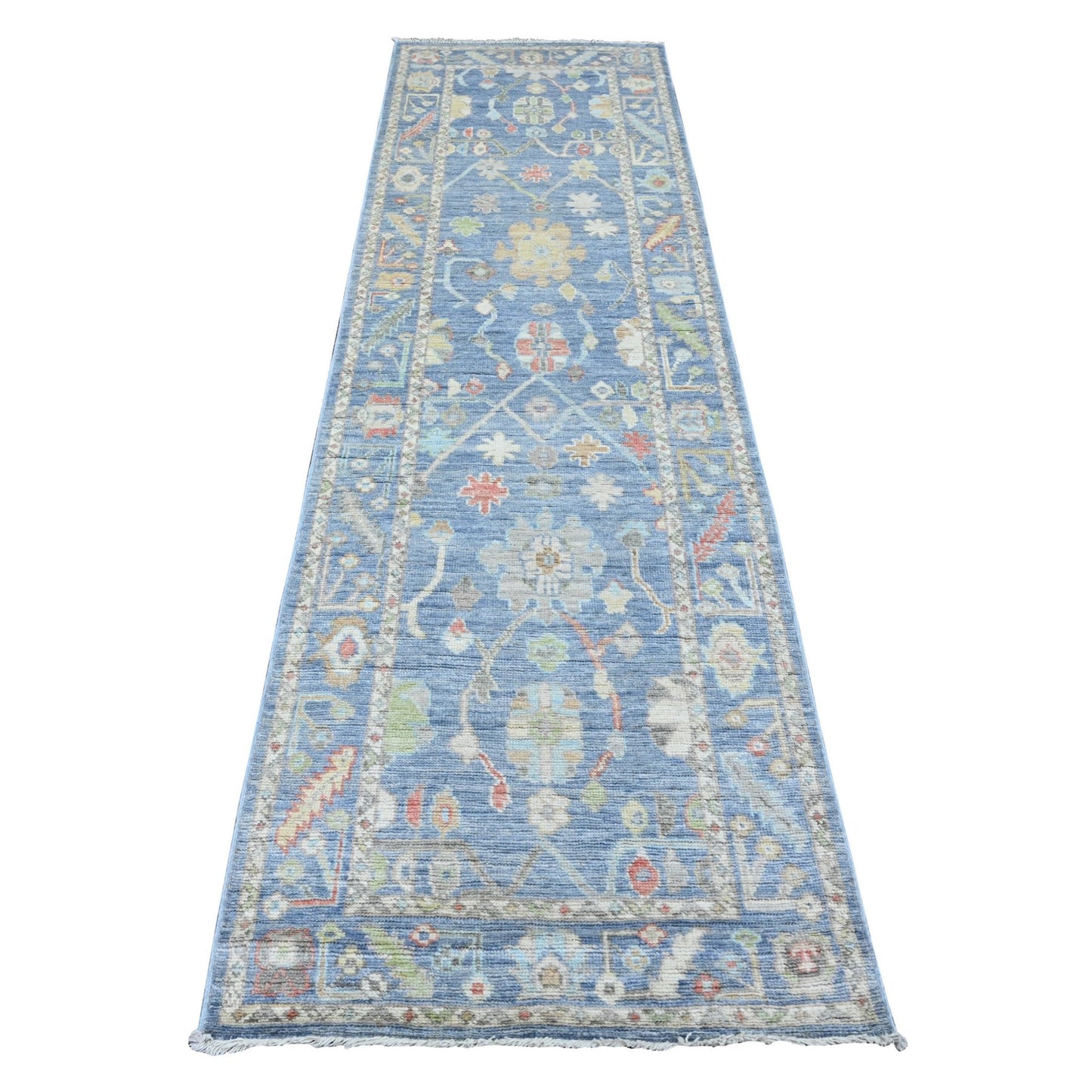 2'9"X9'9" Blue Hand Knotted Angora Oushak Leaf Design All Wool Runner Rug