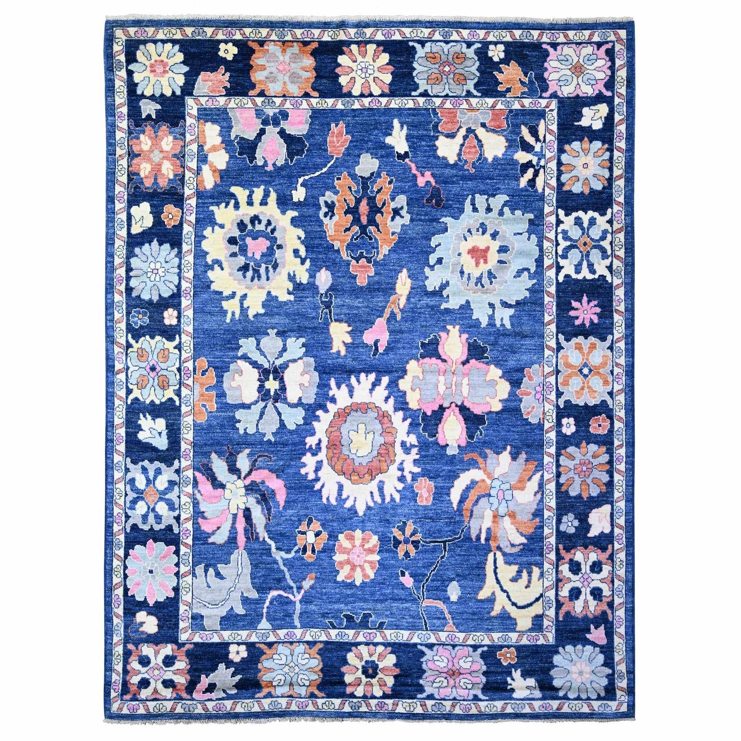 9'X11'7" Sapphire Blue Hand Knotted Afghan Angora Oushak Soft Wool Rug