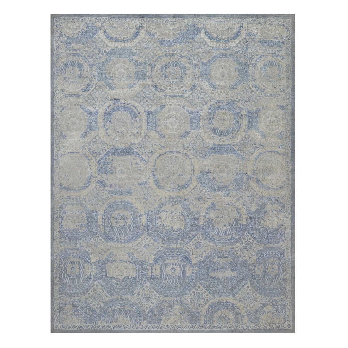9'X11'9" Ivory-Blue Pure Natural Linen Mamluk Design Hand Knotted Rug