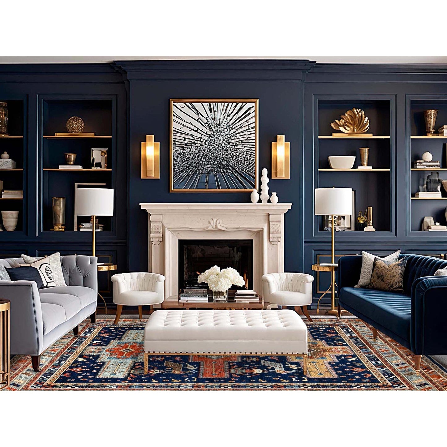 8'X7'10" Blue Armenian Inspired Caucasian Design Square Oriental Rug