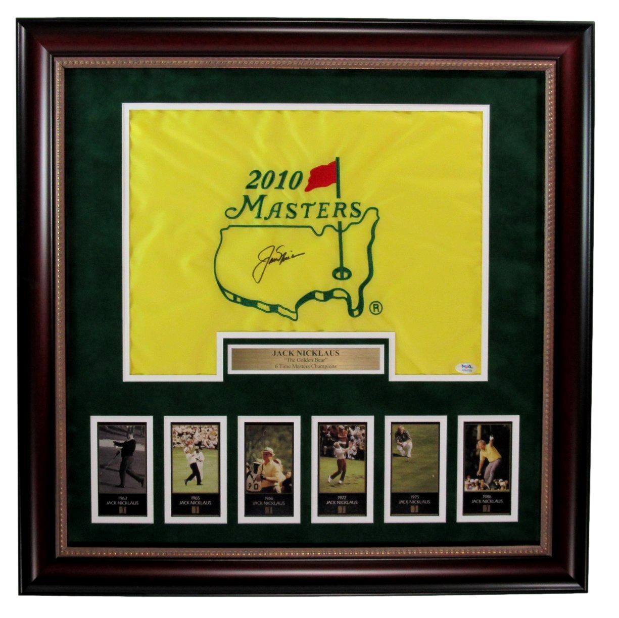 Jack Nicklaus Signed/Auto Masters Pin Flag W/ Card Collage Framed Psa/Dna 192825