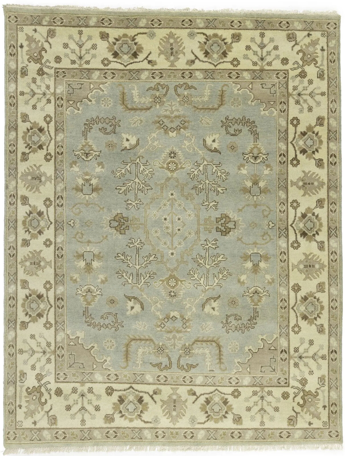 Handmade Oushak Chobi Wool Rug Light Gray Floral