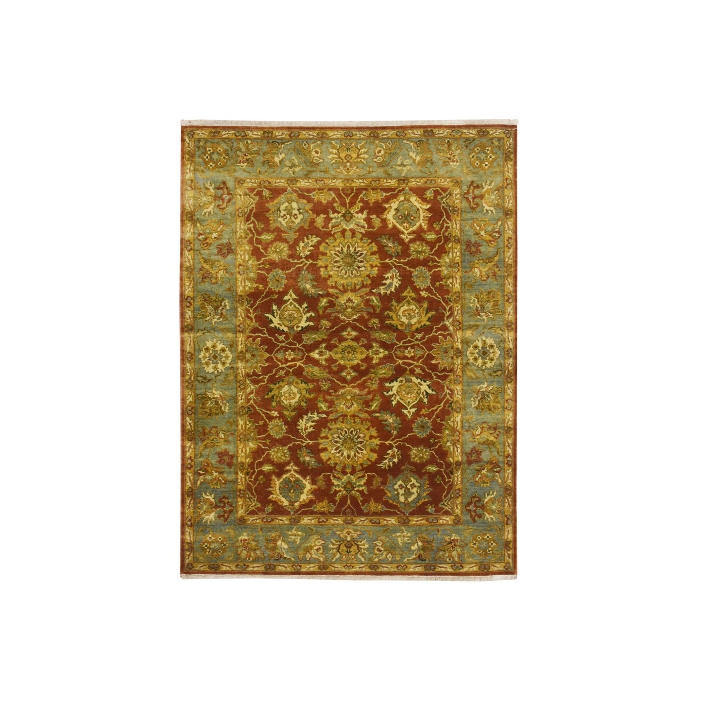 4'8"X6'4" Red Lamani Flower Motifs 100% Wool 300 Kpsi Hand Knotted Rug