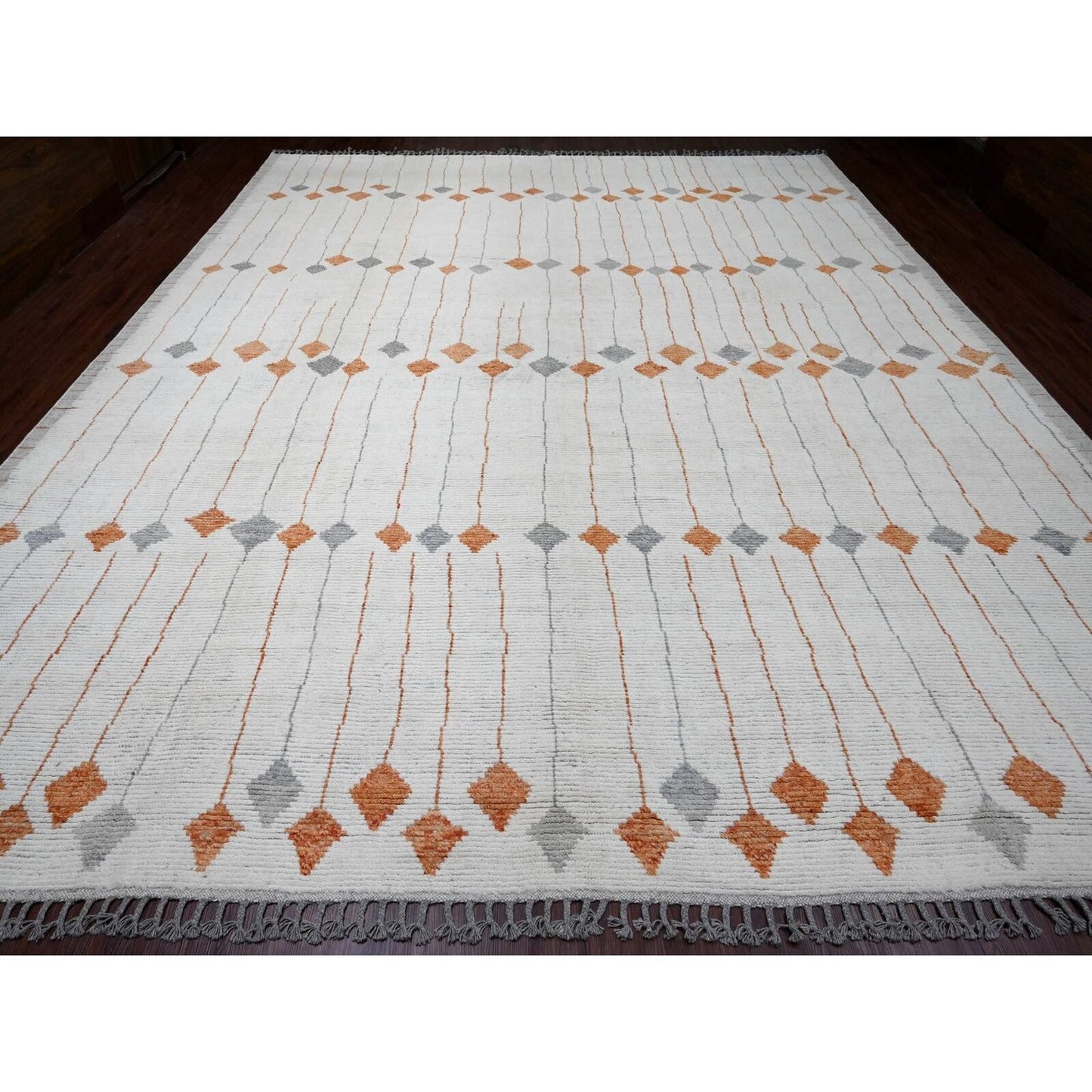 12'5"X15'2" White Moroccan Weave Kite Design Soft Wool Hand Knotted Rug