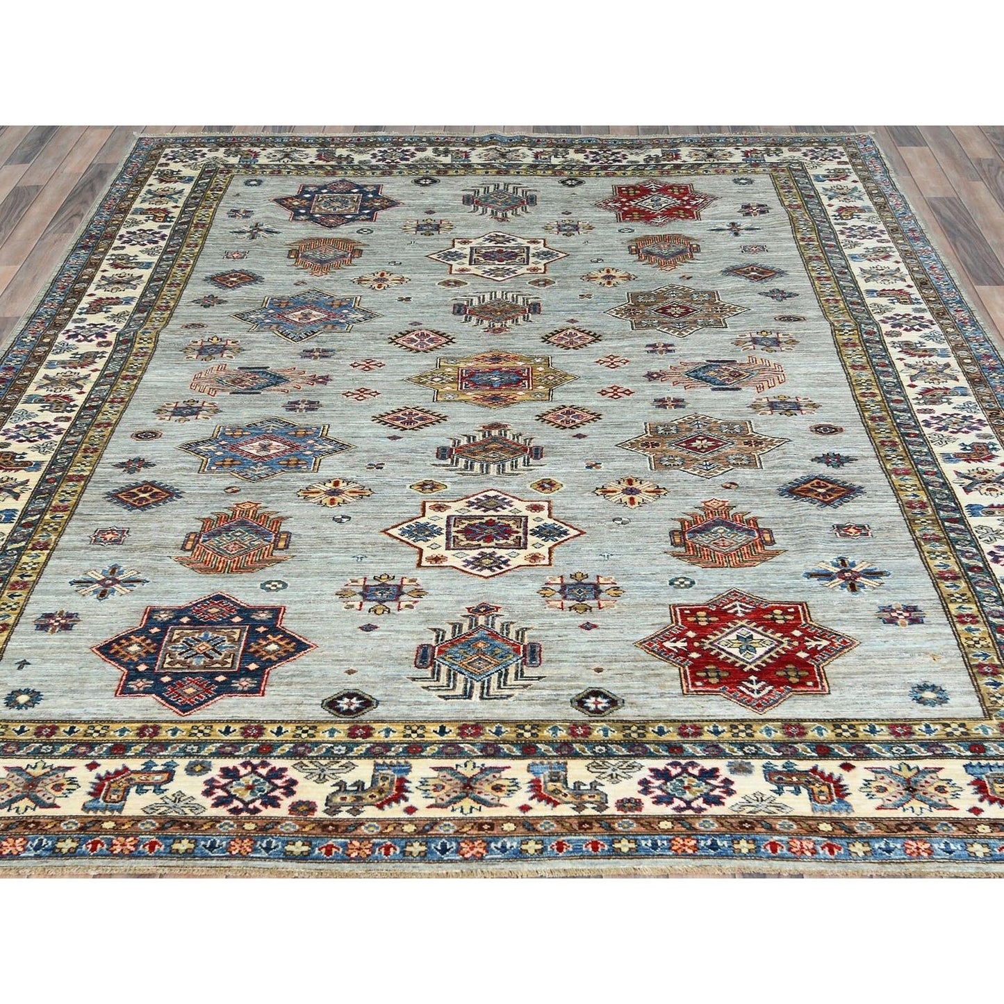 7'10"X9'10" Silver Blue Afghan Super Kazak Natural Wool Hand Knotted Rug
