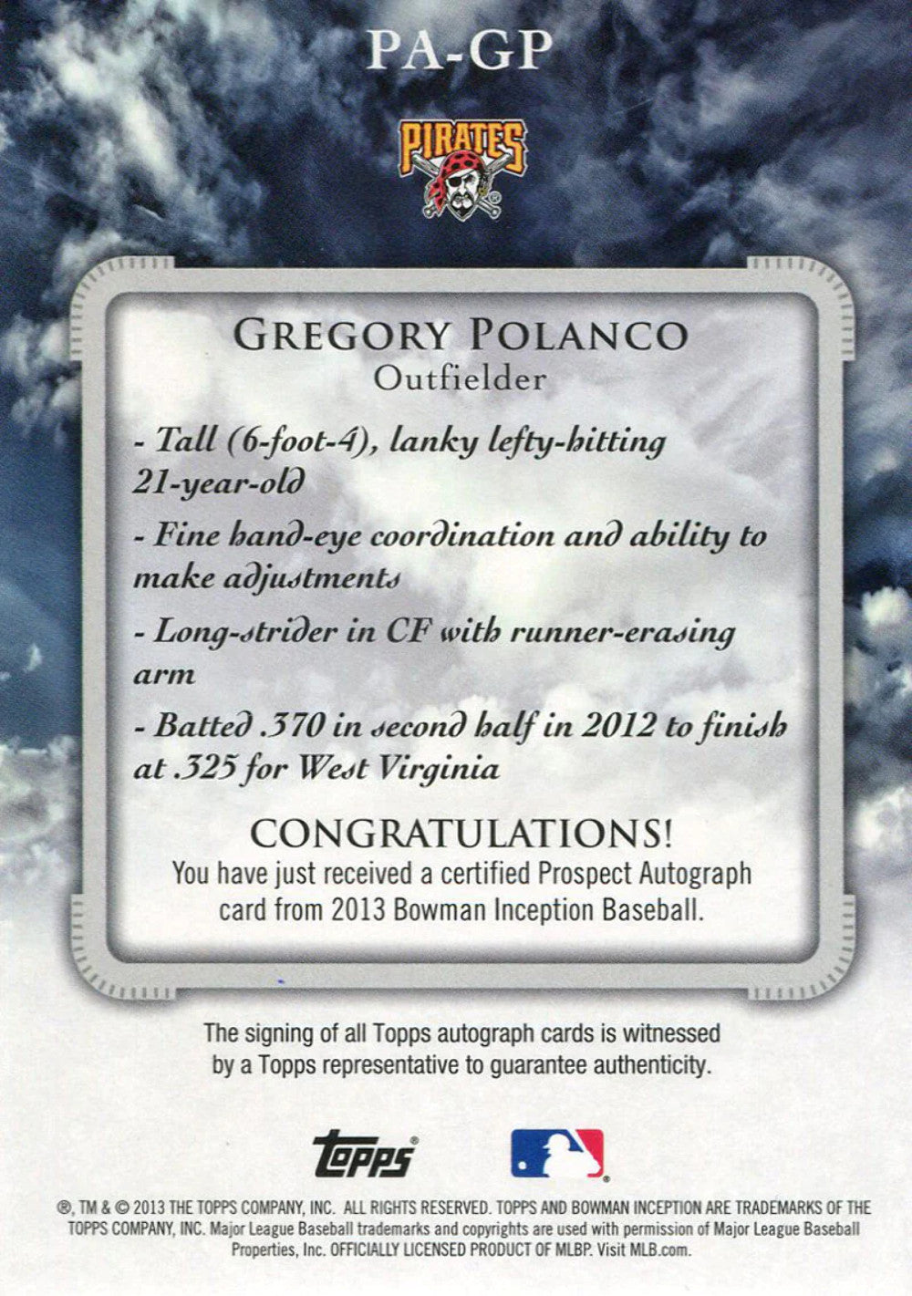 Gregory Polanco Autographed 2013 Bowman Inception Card