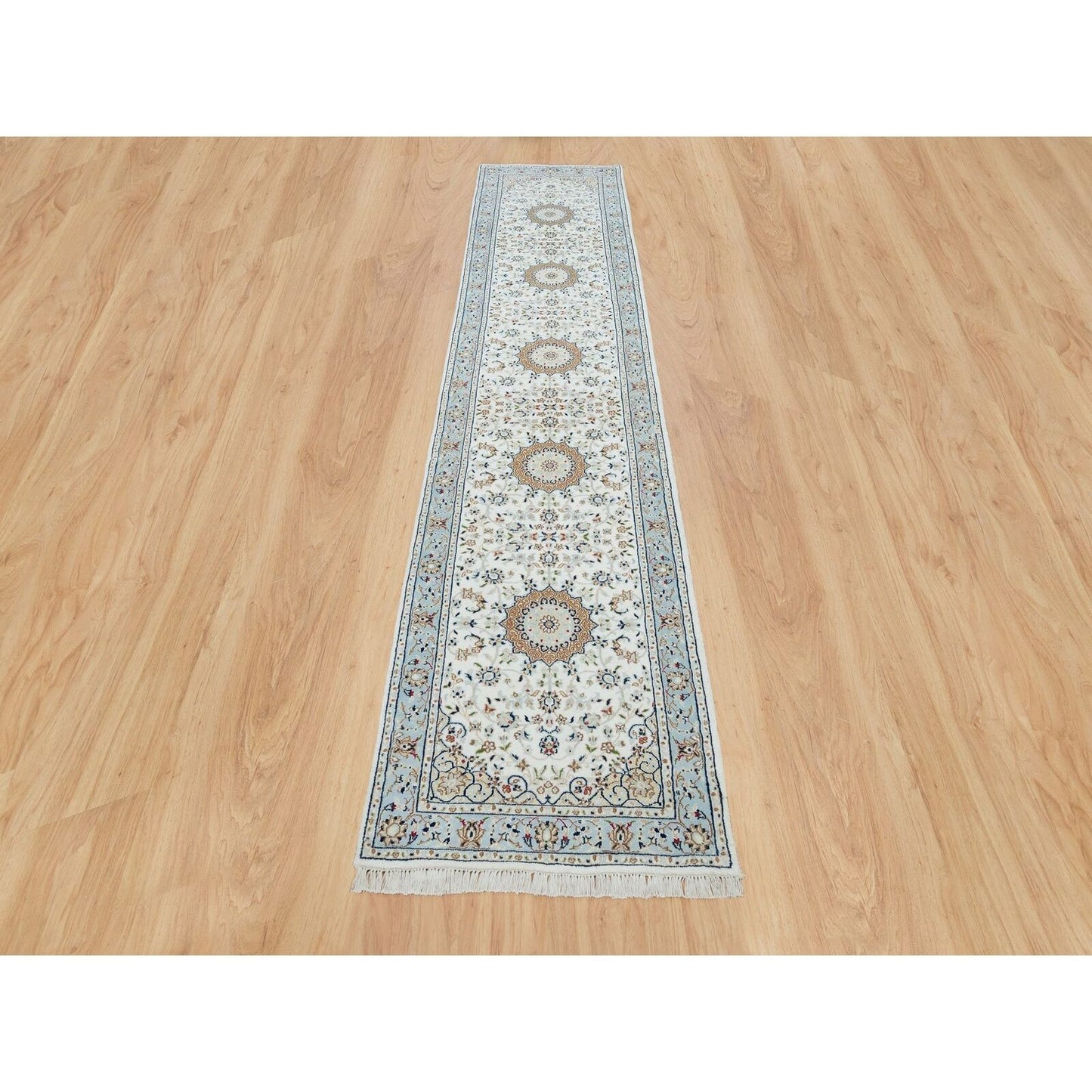 2'8"X13' White Hand Knotted Nain Design 250 Kpsi Organic Wool Runner Rug