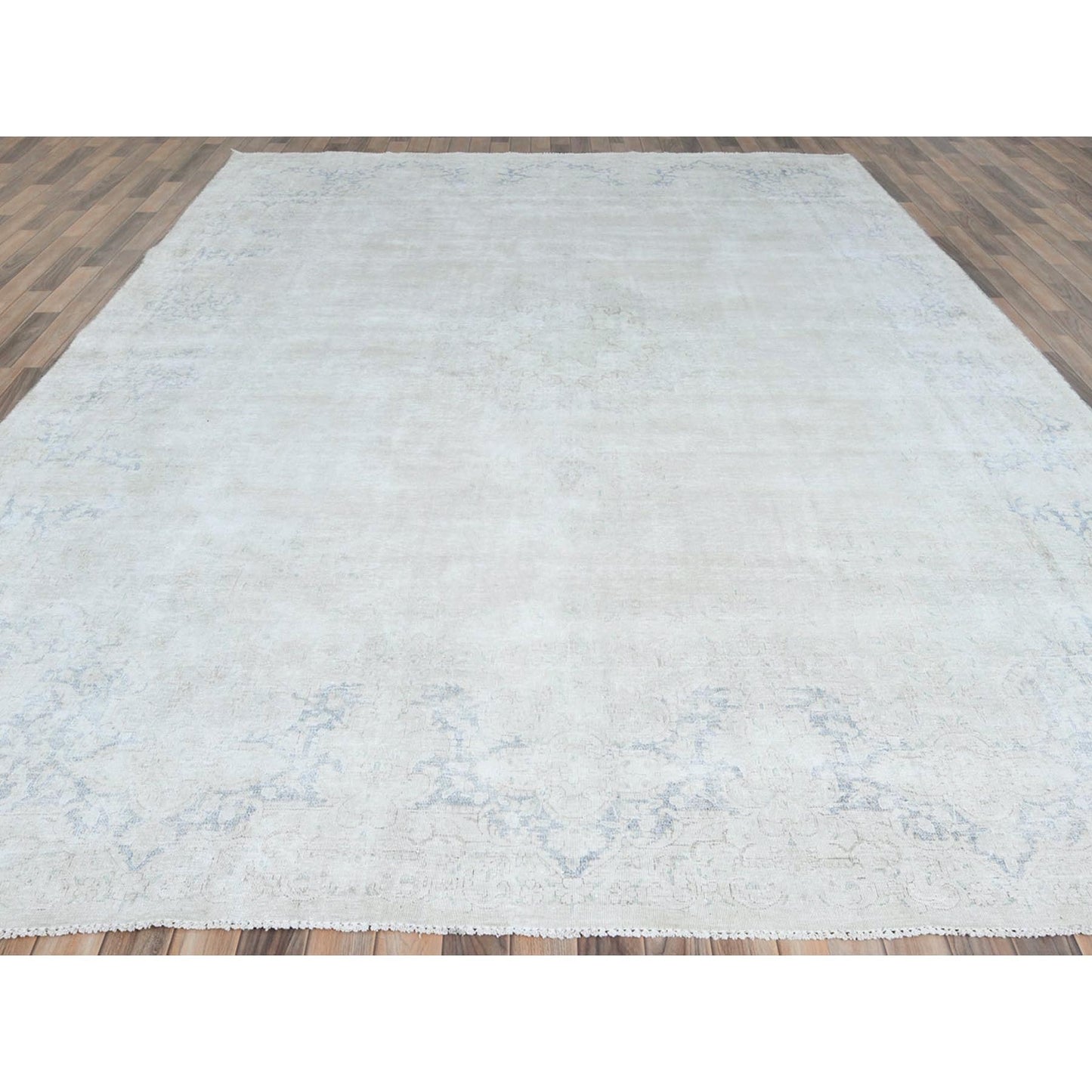 9'7"X12'10"Ivory Hand Knotted Old Farsian Karman Wool Distressed Look Rug