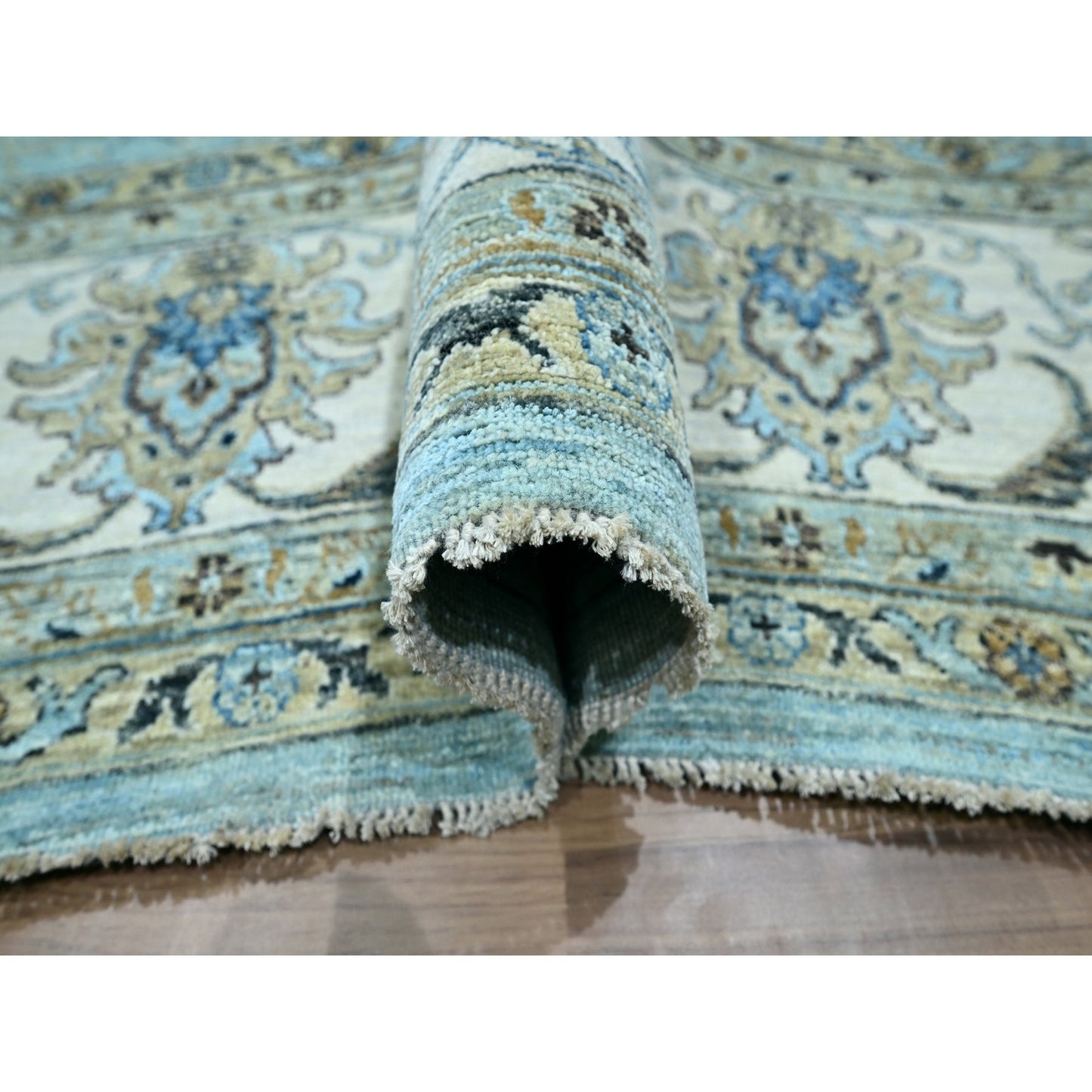 10'X13'10" Blue Hand Knotted Agra Shah Abbas Flower Vines Design Wool Rug