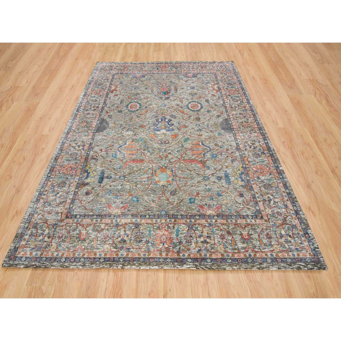 8'X10'1" Taupe Hand Knotted Striae Pattern Silk Textured Wool Rug