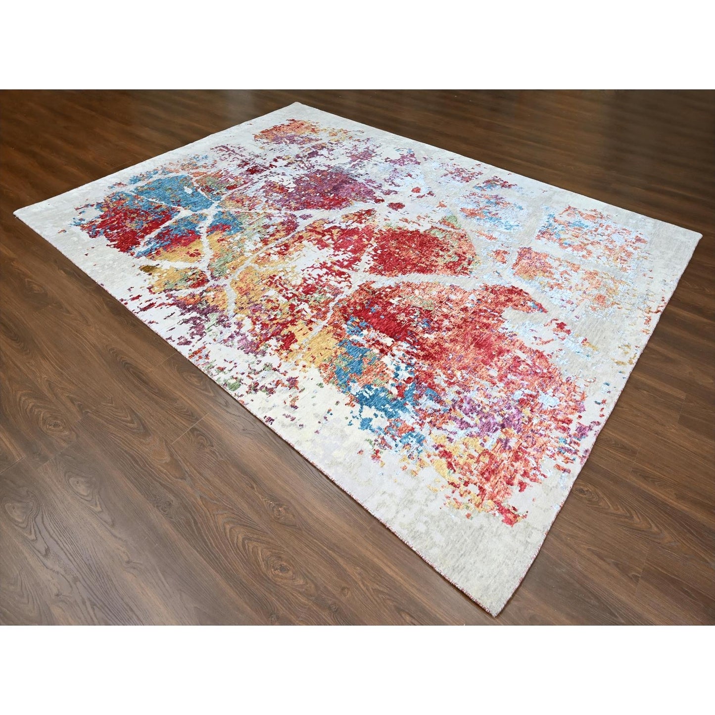 9'1"X12' Ruby Red Abstract Design Wool And Silk Hand Knotted Modern Rug