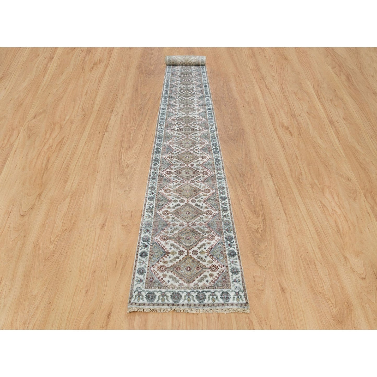 2'7"X21'9" Vista White Hand Knotted Flower Border Xl Runner Oriental Rug