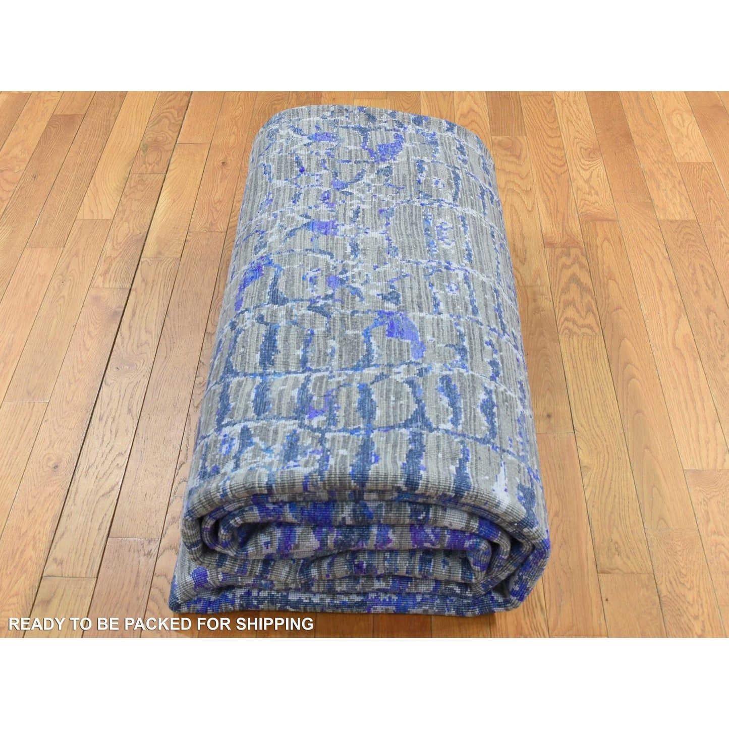 9'X12'2" Blue Diminishing Bricks Design Sari Silk Hand Knotted Rug