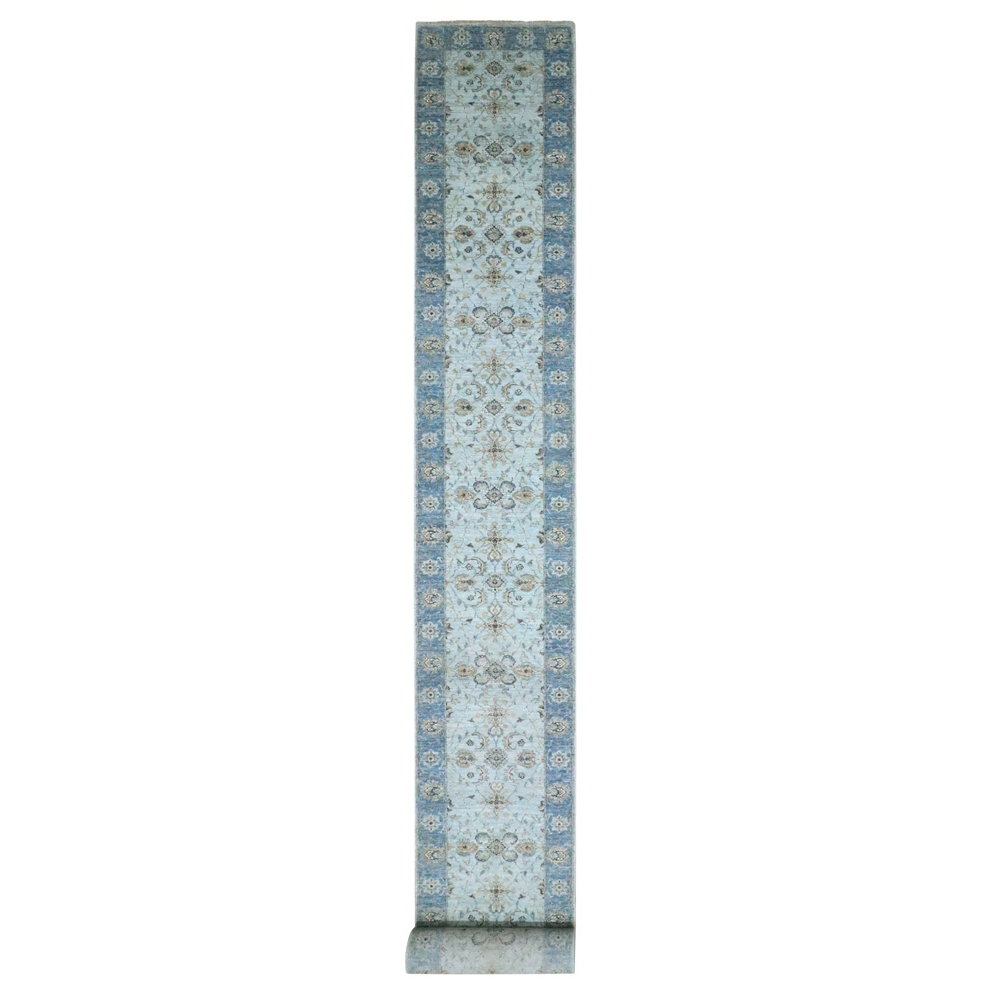 2'7"X25'9" Blue Shah Abbas Flower Design All Wool Hand Knotted Runner Rug