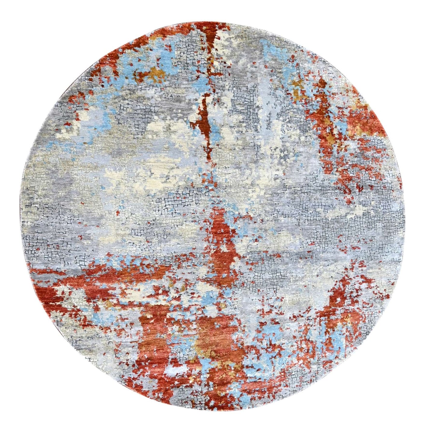 8'X8' Orange Abstract Mosaic Design Wool And Silk Hand Knotted Round Rug