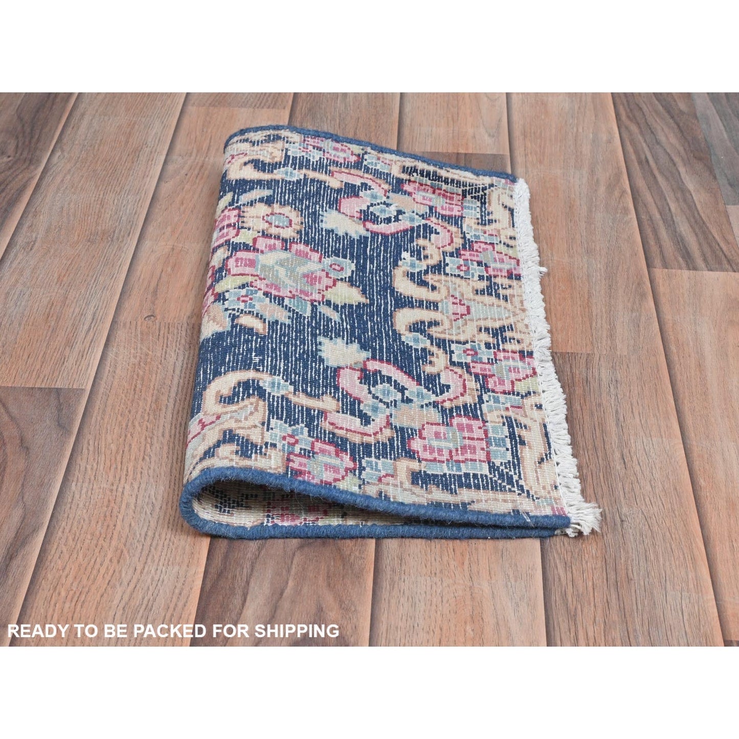 1'6"X1'6" Blue Hand Knotted Vintage Farsian Karman Worn Wool Square Rug