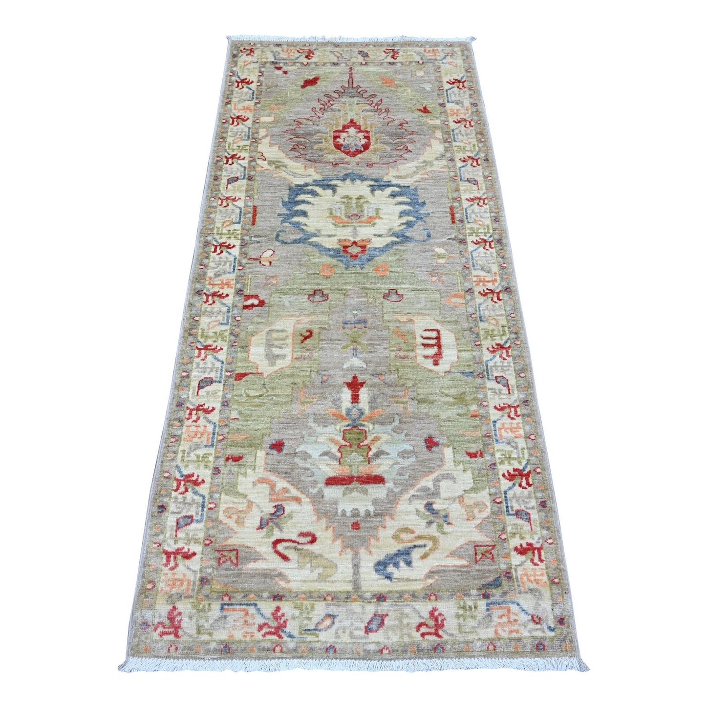 2'7"X6' Oyster Gray Heris With Dragon Design Wool Hand Knotted Runner Rug