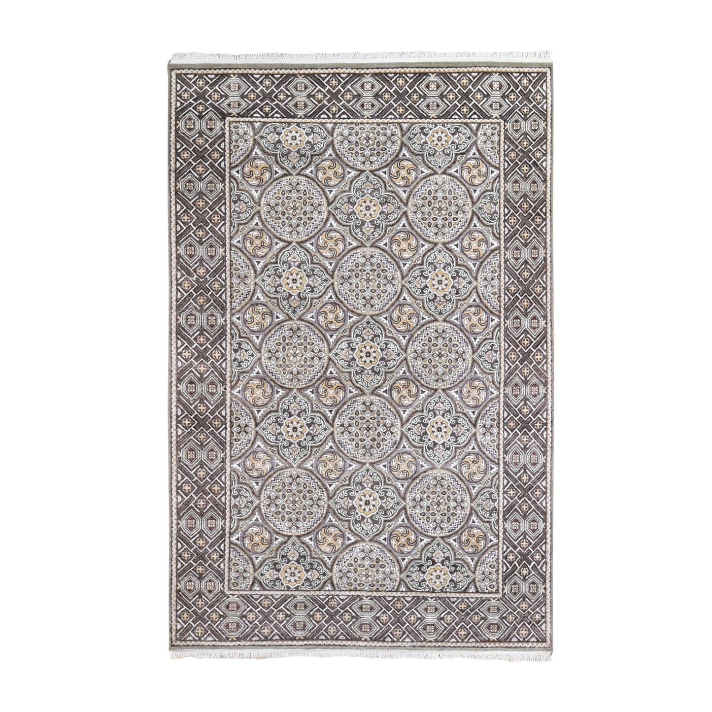 6'2"X9'3" Wool & Silk Mughal Inspired Medallions Design Hand Knotted Rug