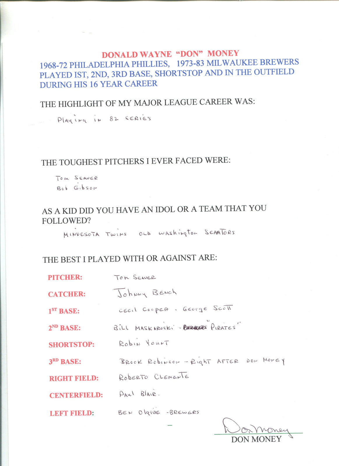 Don Money Autographed Hand Filled Out Survey Page